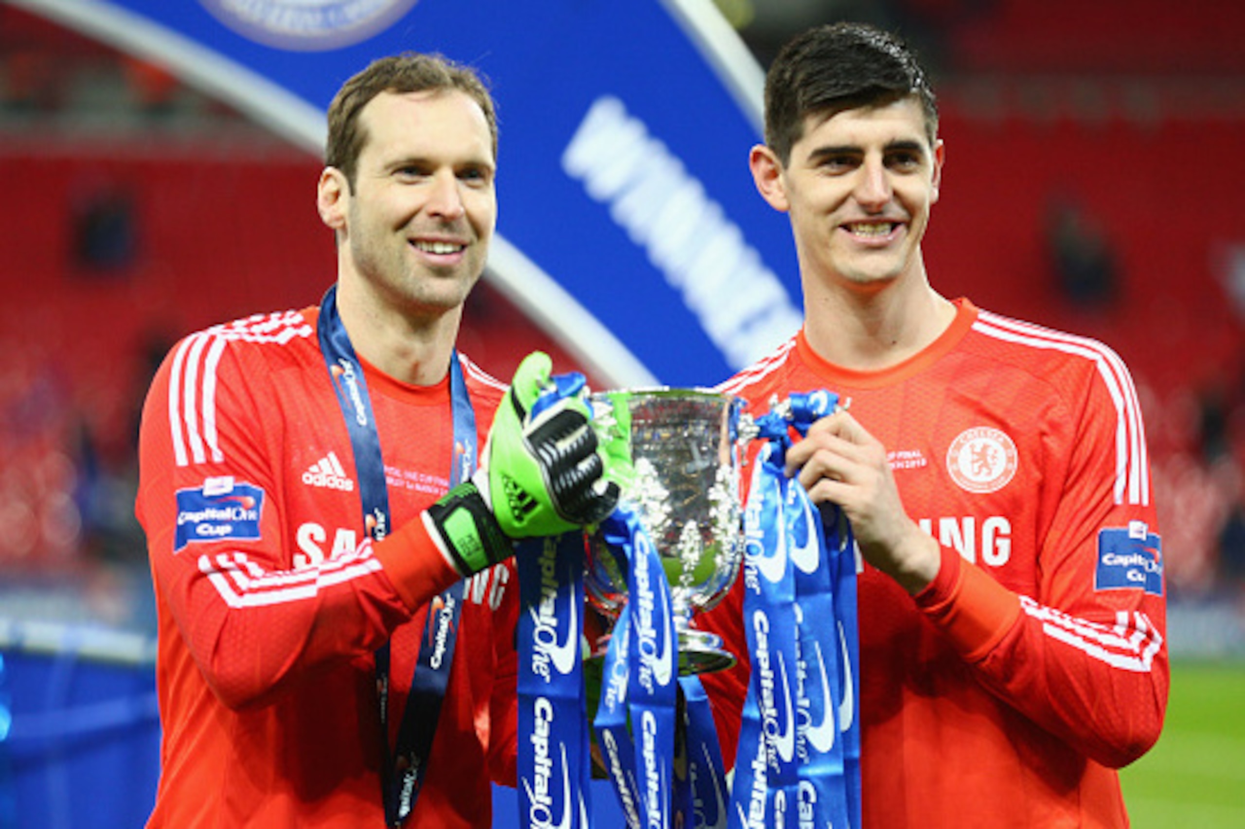 LONDON, ENGLAND - MARCH 01: Petr Cech and Thibaut Courtois of Chelsea pose with the trophy during the Capital One Cup Final match between Chelsea and Tottenham Hotspur at Wembley Stadium on March 1, 2015 in London, England. (Photo by Clive Mason/Getty I LONDON, ENGLAND - MARCH 01: Petr Cech and Thibaut Courtois of Chelsea pose with the trophy during the Capital One Cup Final match between Chelsea and Tottenham Hotspur at Wembley Stadium on March 1, 2015 in London, England. (Photo by Clive Mason/Getty I