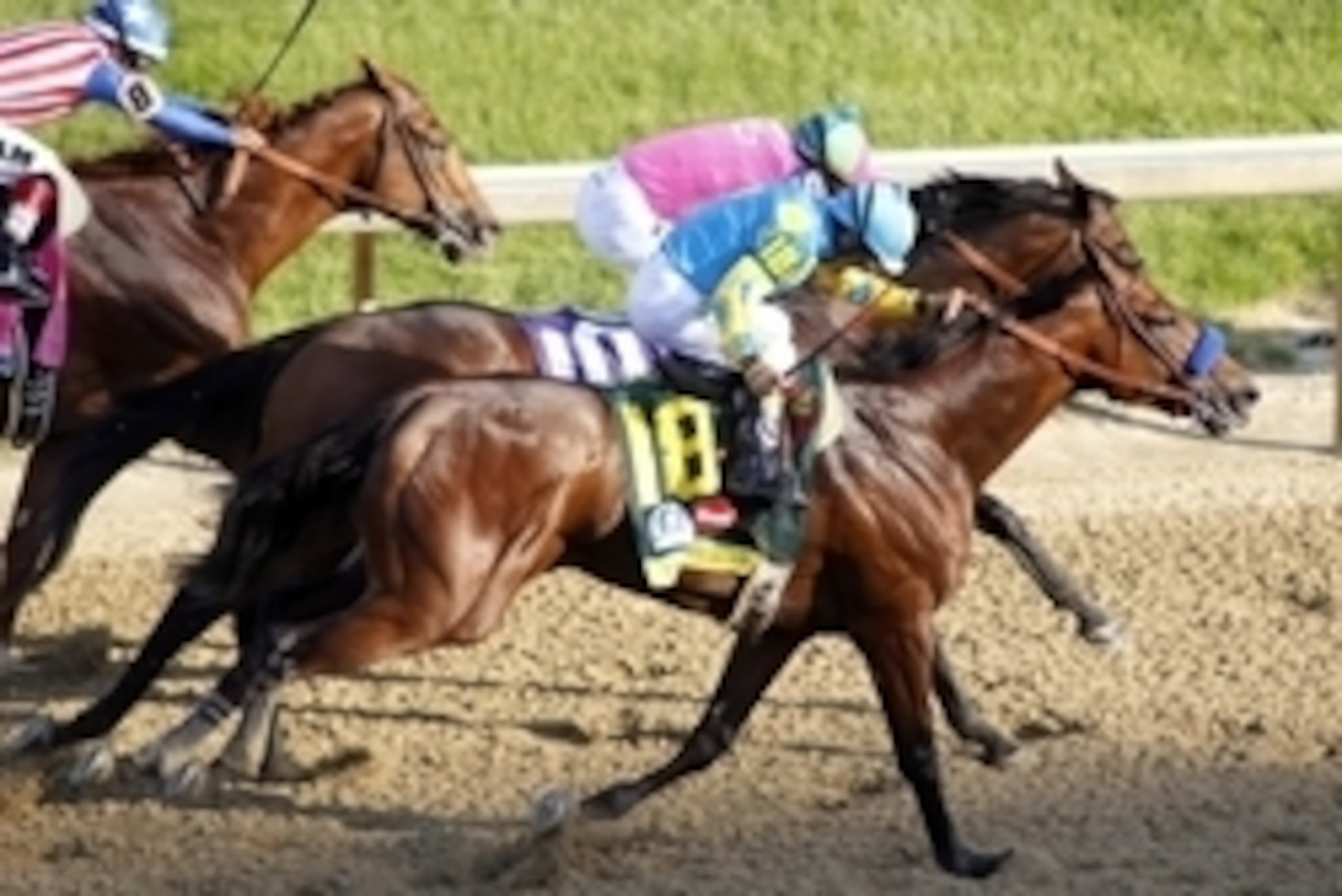 May 2, 2015; Louisville, KY, USA; Victor Espinoza aboard American Pharoah passes Gary L Stevens aboard Firing Line to win the 141st Kentucky Derby at Churchill Downs. Mandatory Credit: Brian Spurlock-USA TODAY Sports