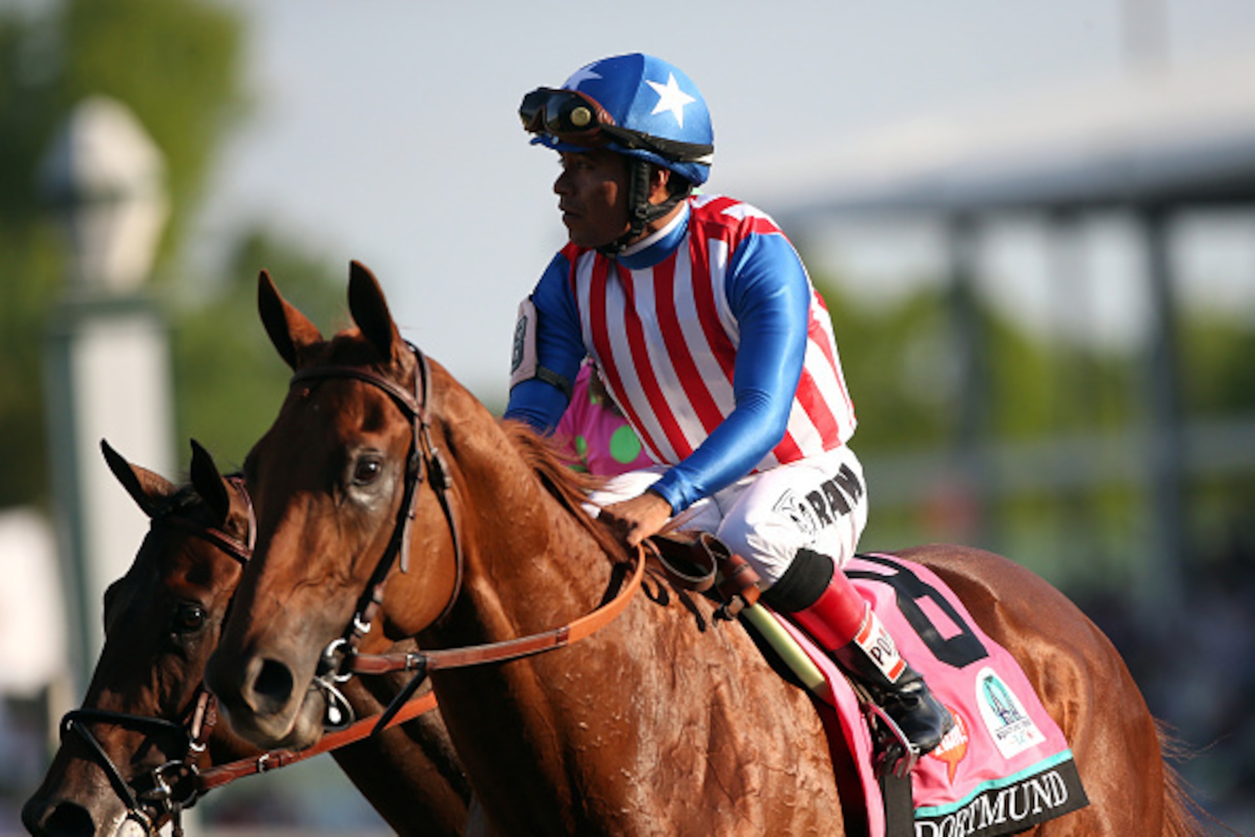 LOUISVILLE, KY - MAY 02:  Jockey Martin Garcia guides Dortmund #8 on the track after placing thrid in the 141st running of the Kentucky Derby at Churchill Downs on May 2, 2015 in Louisville, Kentucky.  (Photo by Chris Graythen/Getty Images)