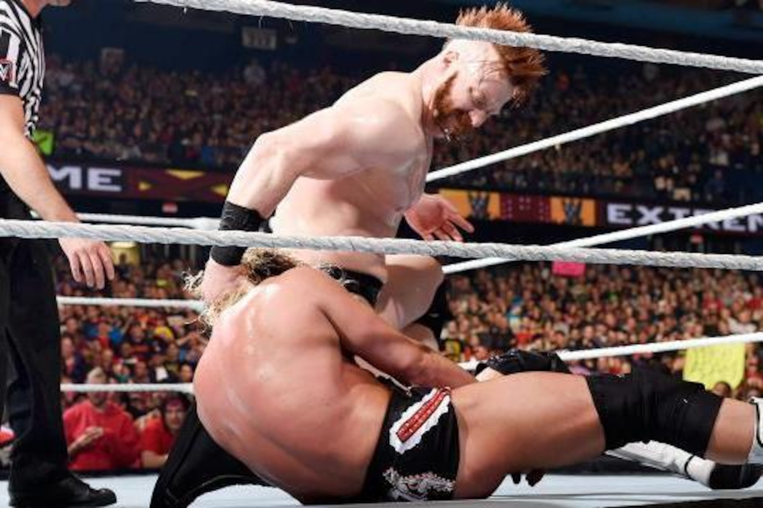 Sheamus embarrasses Dolph Ziggler after their match at Extreme Rules.
