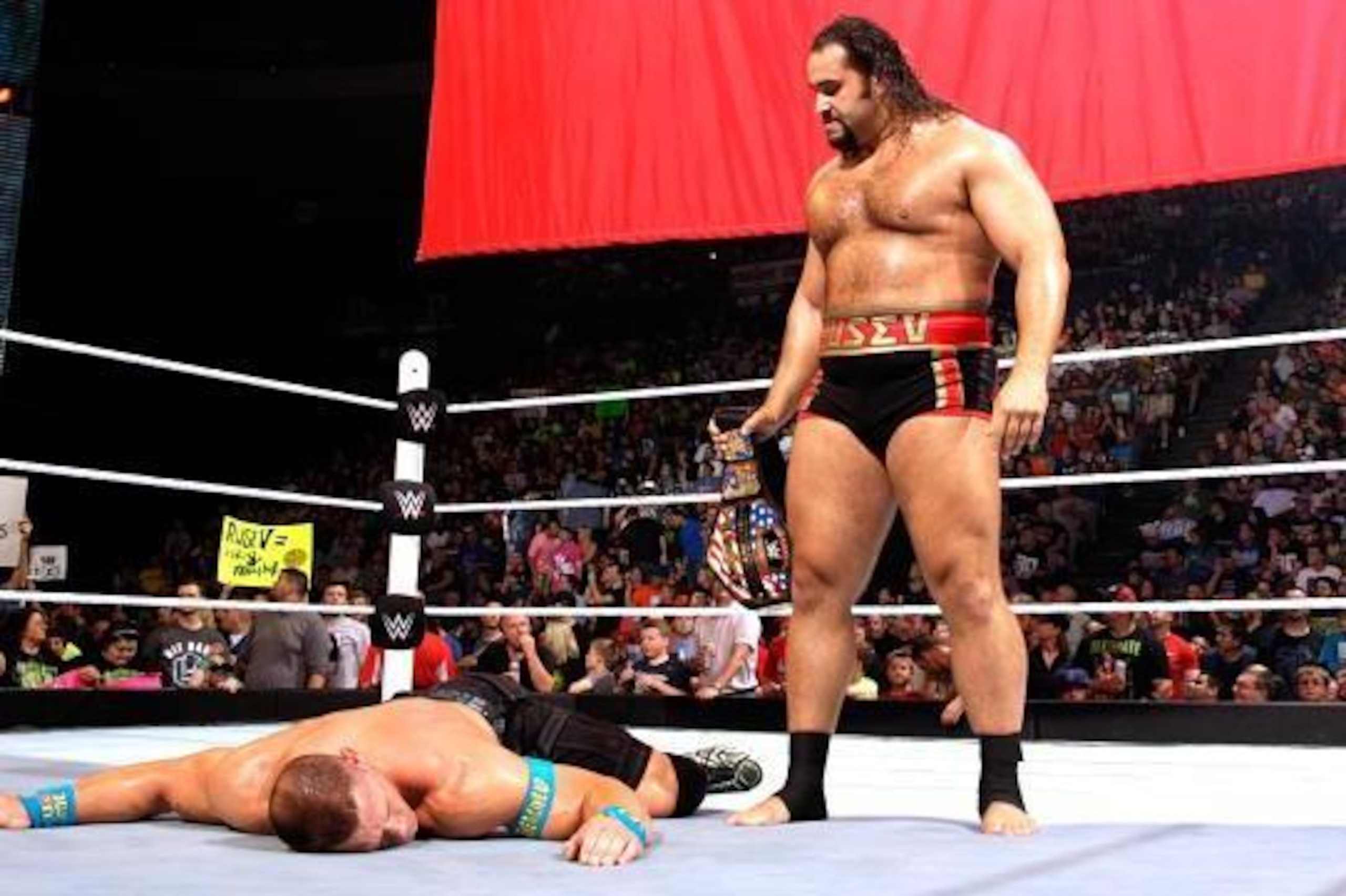Rusev attacks John Cena on Raw.