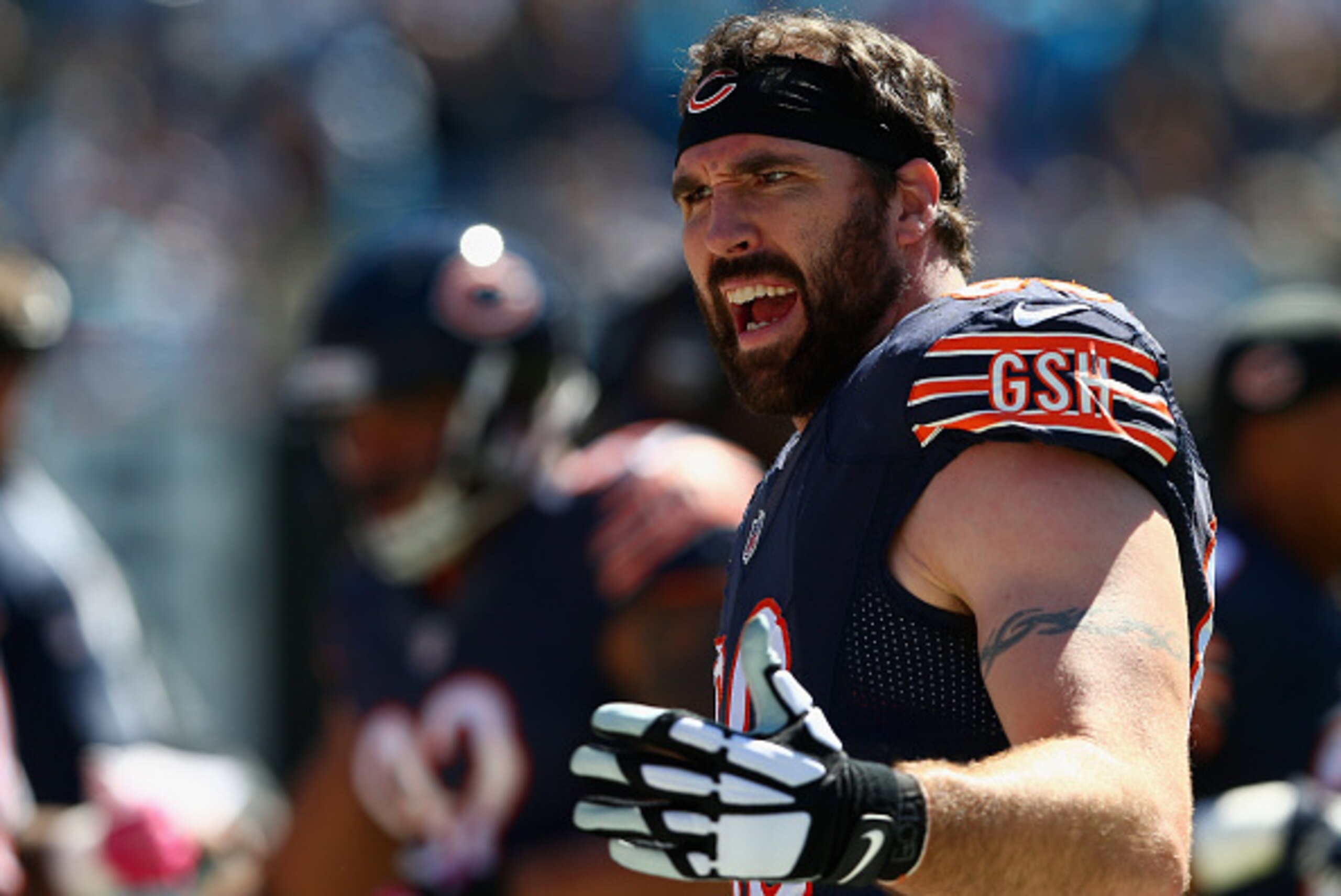 CHARLOTTE, NC - OCTOBER 05:  Jared Allen #69 of the Chicago Bears rallies his teammates in the first quarter against the Carolina Panthers at Bank of America Stadium on October 5, 2014 in Charlotte, North Carolina.  (Photo by Streeter Lecka/Getty Images)