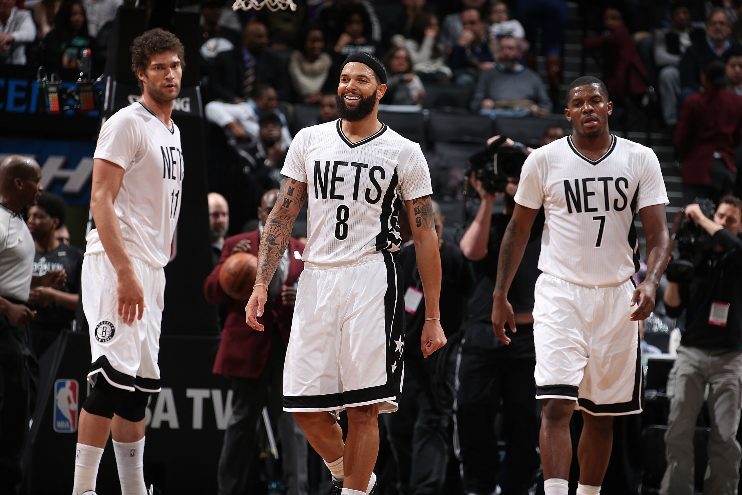 BROOKLYN, NY - MARCH 6:  Brook Lopez #11, Deron Williams #8 and Joe Johnson #7 of the Brooklyn Nets during the game against the Phoenix Suns on March 6, 2015 at Barclays Center in Brooklyn, New York. NOTE TO USER: User expressly acknowledges and agrees th