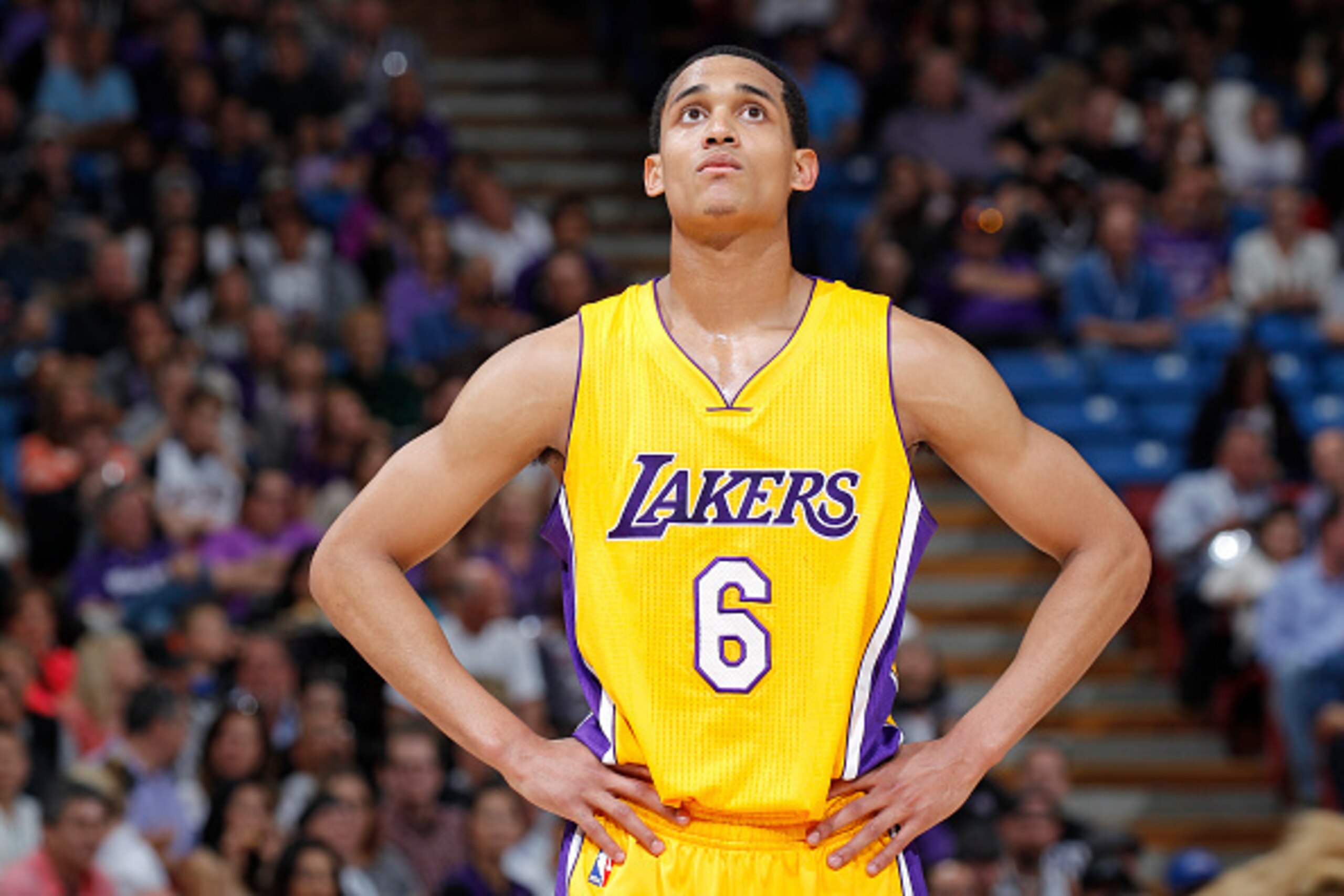 SACRAMENTO, CA - APRIL 13: Jordan Clarkson #6 of the Los Angeles Lakers looks on during the game against the Sacramento Kings on April 13, 2015 at Sleep Train Arena in Sacramento, California. NOTE TO USER: User expressly acknowledges and agrees that, by d