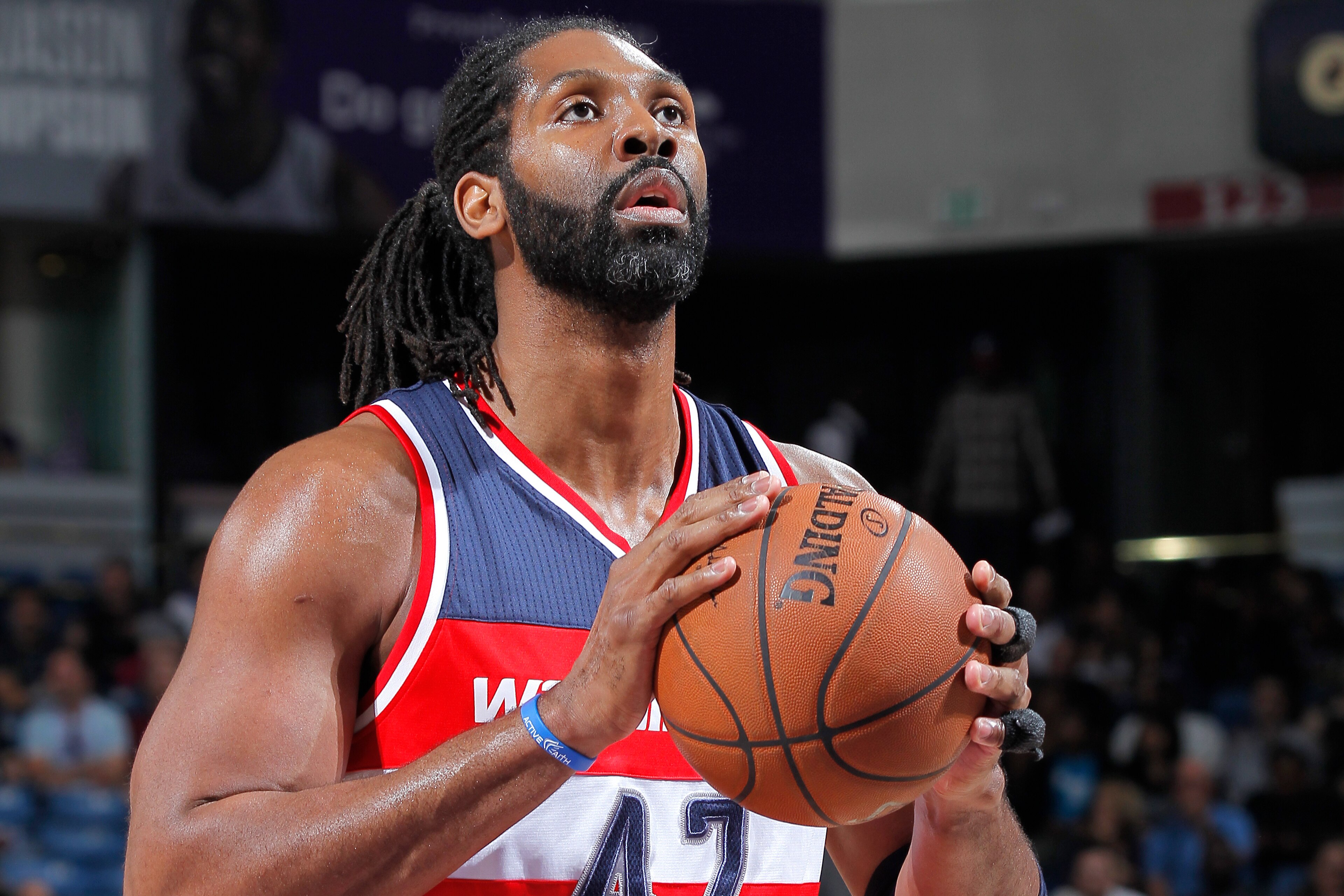 SACRAMENTO, CA - MARCH 22: Nene #42 of the Washington Wizards attempts a free throw shot against the Sacramento Kings on March 22, 2015 at Sleep Train Arena in Sacramento, California. NOTE TO USER: User expressly acknowledges and agrees that, by downloadi