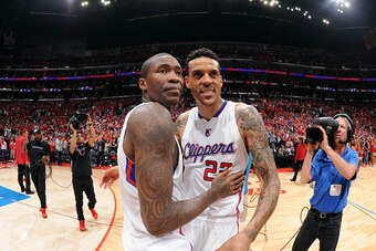 LOS ANGELES, CA - MAY 2: Jamal Crawford #11 and Matt Barnes #22 of the Los Angeles Clippers hug after defeating the San Antonio Spurs in Game Seven of the Western Conference Quarterfinals during the 2015 NBA Playoffs on May  2, 2015 at STAPLES Center in L