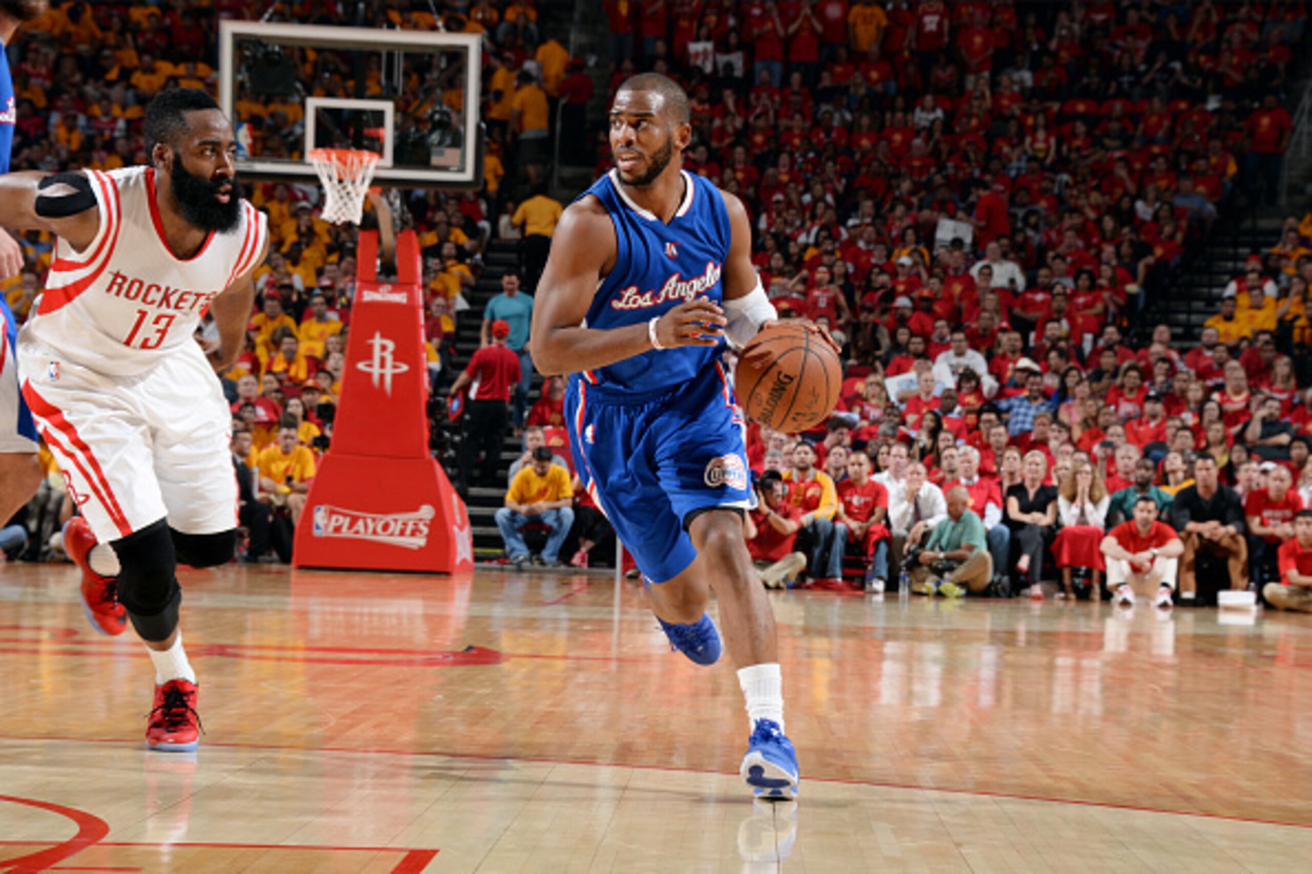 HOUSTON, TX - MAY 12: Chris Paul #3 of the Los Angeles Clippers drives against the Houston Rockets in Game Five of the Western Conference Semifinals during the 2015 NBA Playoffs on May 12, 2015 at the Toyota Center in Houston, Texas. NOTE TO USER: User ex