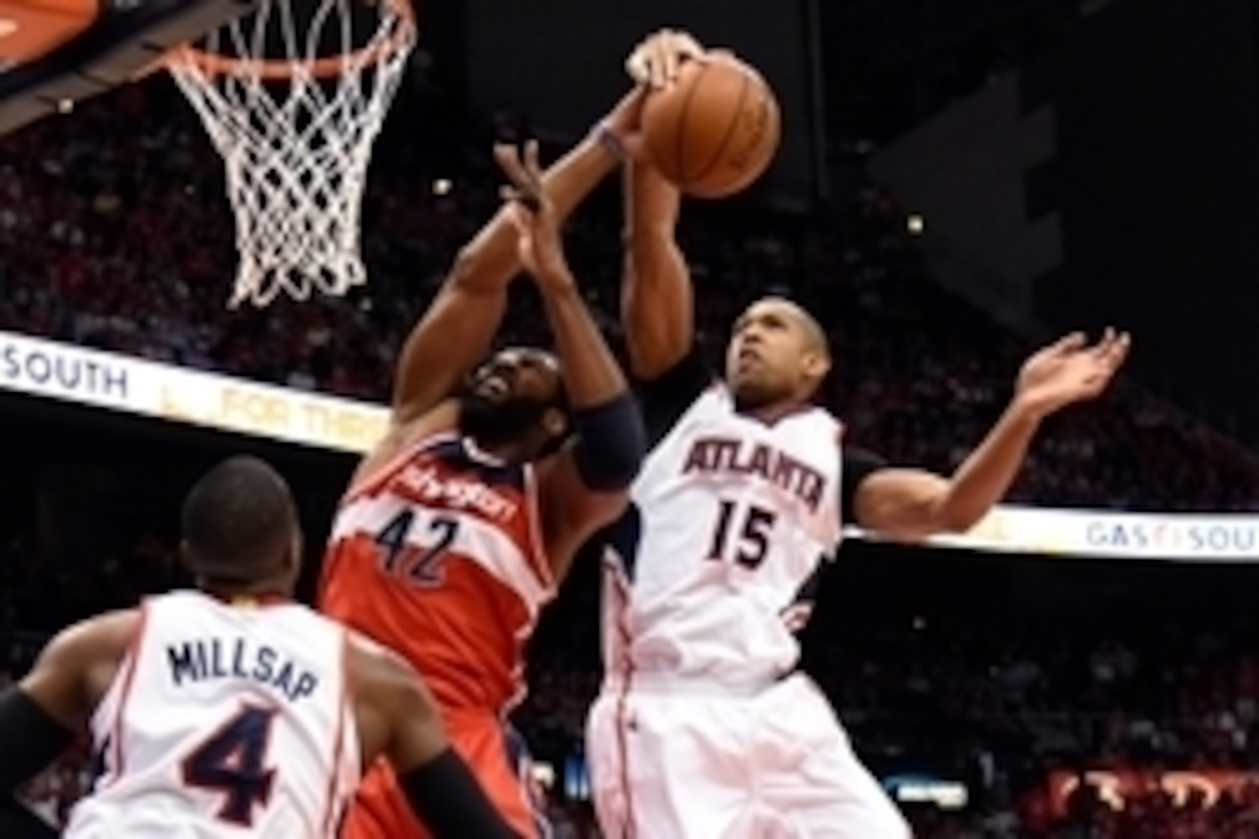 May 13, 2015; Atlanta, GA, USA; Washington Wizards forward Nene Hilario (42) and Atlanta Hawks center Al Horford (15) fight for a rebound during the first half in game five of the second round of the NBA Playoffs at Philips Arena. Mandatory Credit: Dale Z May 13, 2015; Atlanta, GA, USA; Washington Wizards forward Nene Hilario (42) and Atlanta Hawks center Al Horford (15) fight for a rebound during the first half in game five of the second round of the NBA Playoffs at Philips Arena. Mandatory Credit: Dale Z