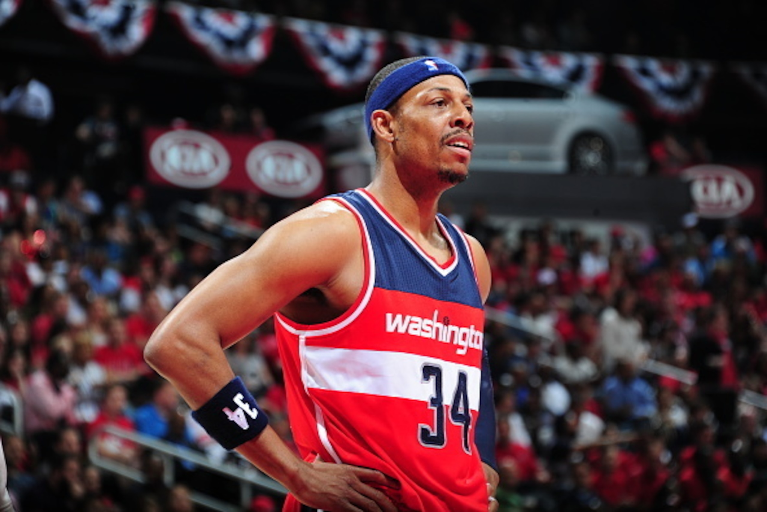 ATLANTA, GA - MAY 13: Paul Pierce #34 of the Washington Wizards looks on against the Atlanta Hawks in Game Five of the Eastern Conference Semifinals during the 2015 NBA Playoffs on May 13, 2015 at the Philips Arena in Atlanta, Georgia. NOTE TO USER: Use ATLANTA, GA - MAY 13: Paul Pierce #34 of the Washington Wizards looks on against the Atlanta Hawks in Game Five of the Eastern Conference Semifinals during the 2015 NBA Playoffs on May 13, 2015 at the Philips Arena in Atlanta, Georgia. NOTE TO USER: Use