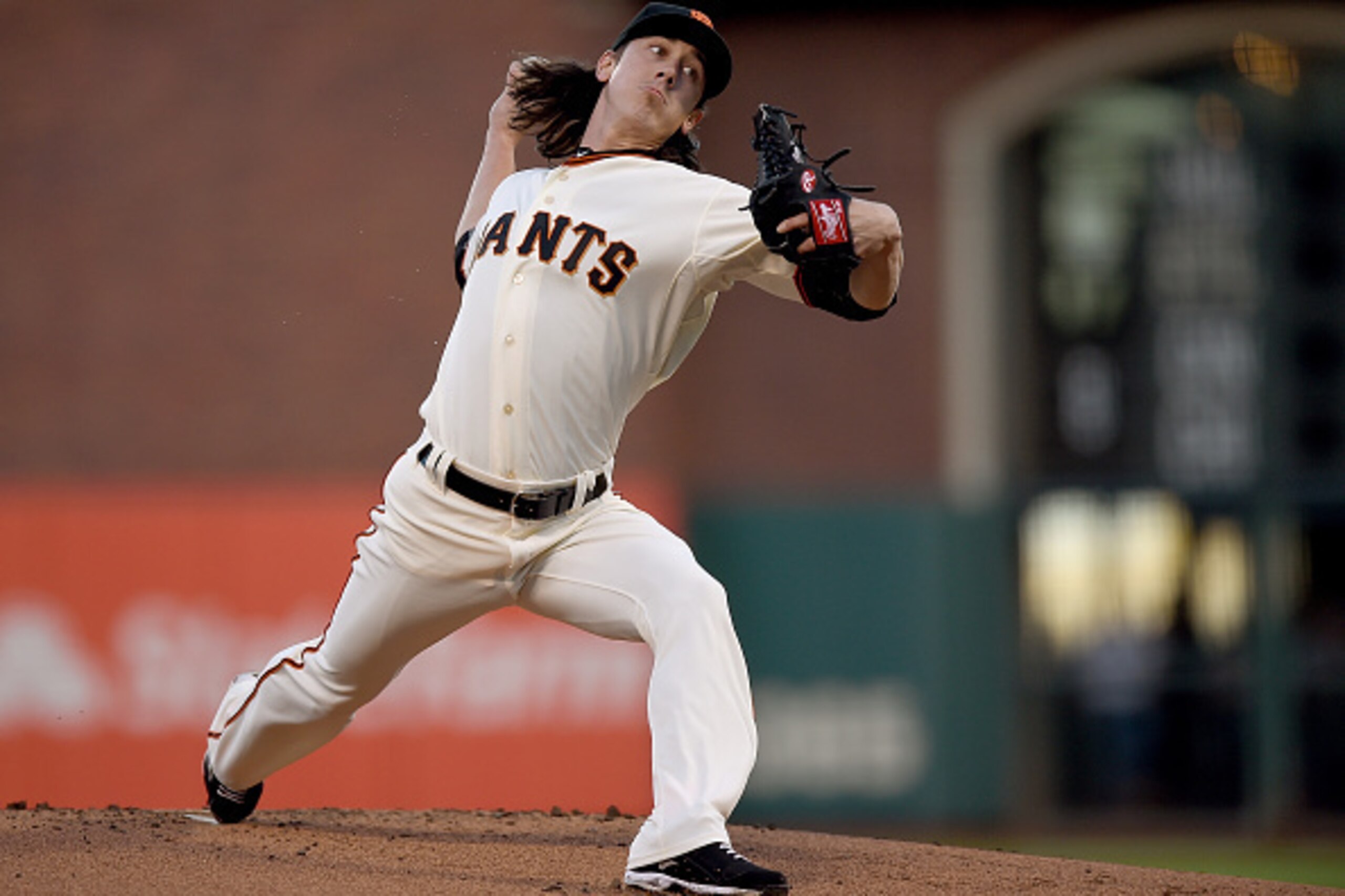 SAN FRANCISCO, CA - APRIL 15:  Tim Lincecum #55 of the San Francisco Giants pitches against the Colorado Rockies in the top of the first inning at AT&T Park on April 15, 2015 in San Francisco, California. All uniformed team members are wearing jersey #42 