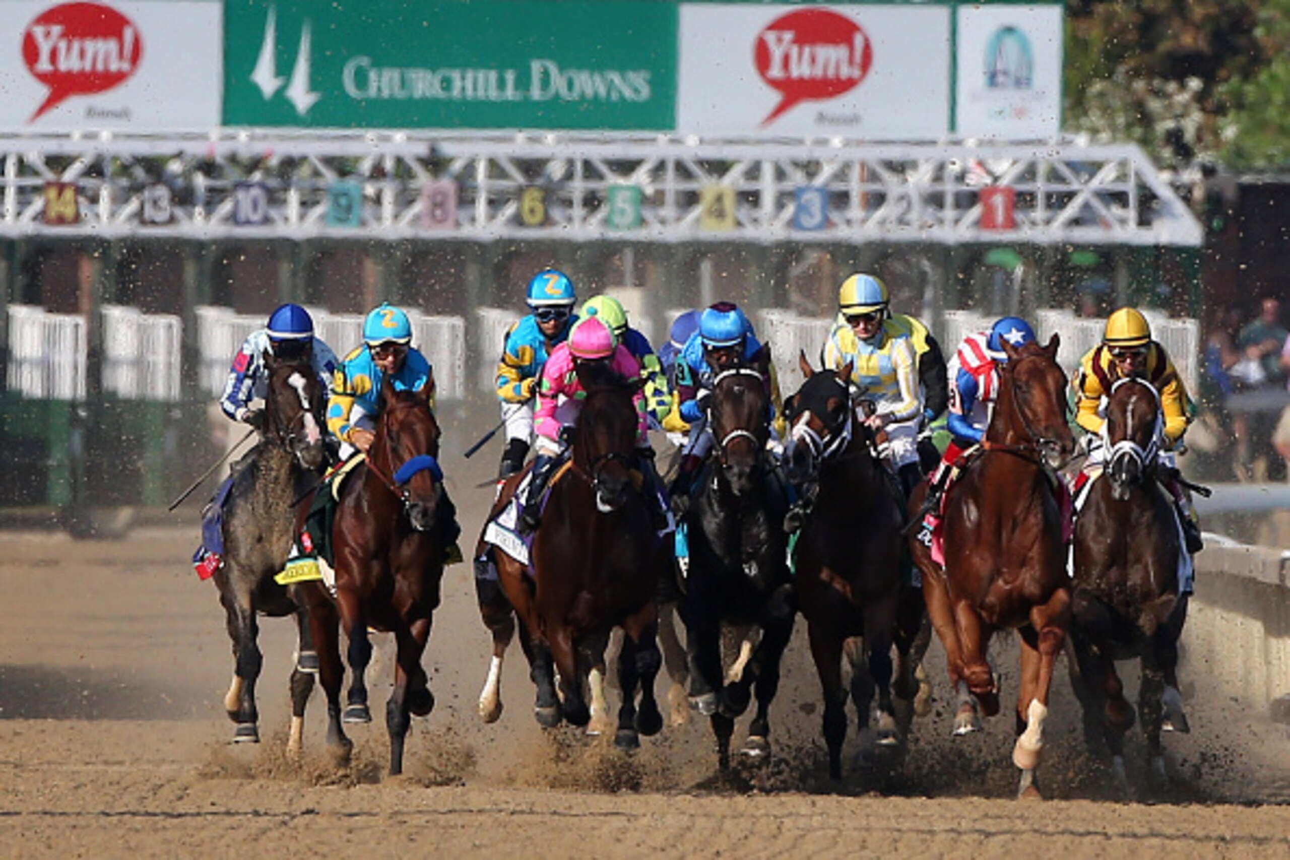 LOUISVILLE, KY - MAY 02:  Firing Line #10, ridden by Gary Stevens, races Dortmund #8, ridden by Martin Garcia, down the frontstretch at the start of the 141st running of the Kentucky Derby at Churchill Downs on May 2, 2015 in Louisville, Kentucky.  (Photo