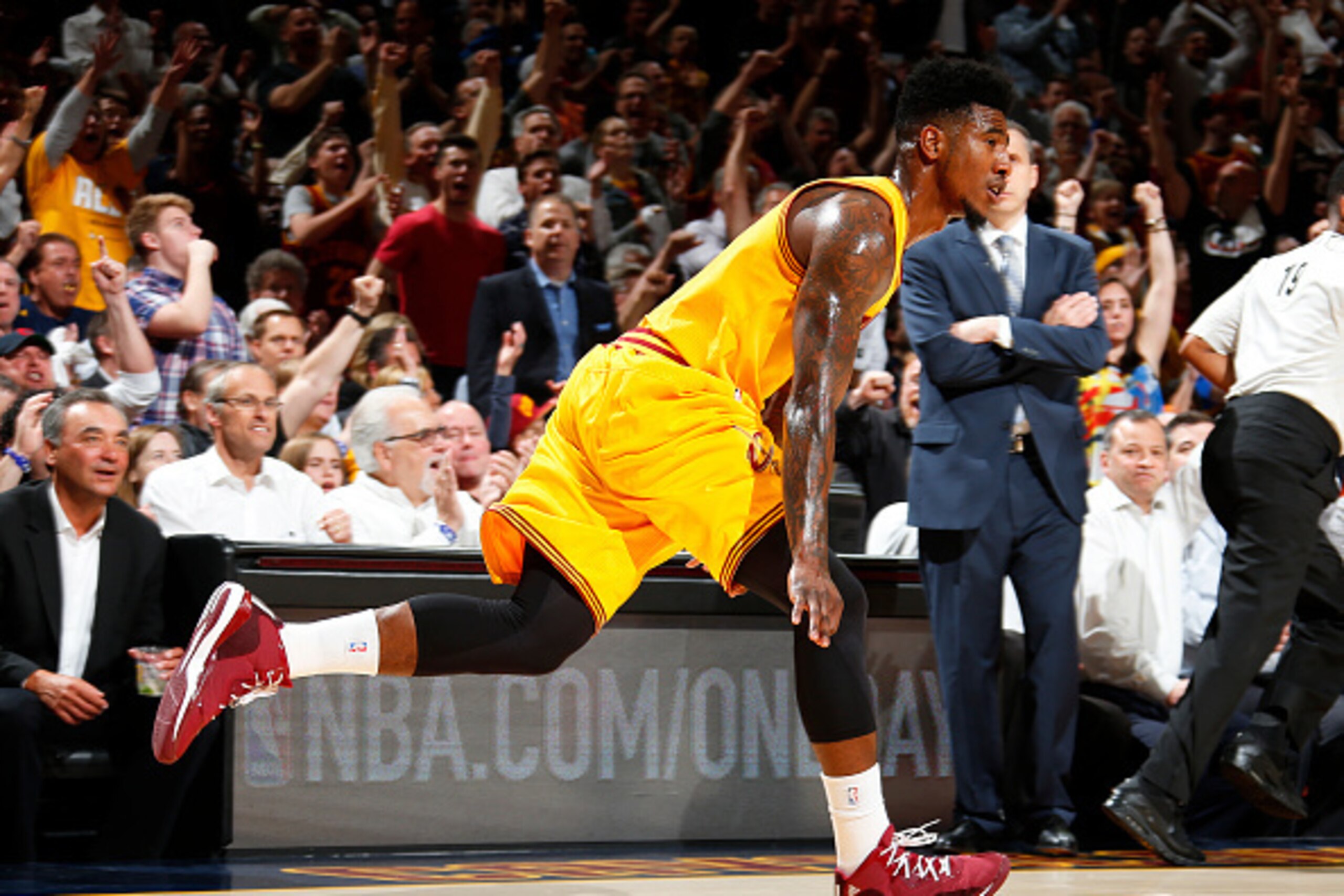 CLEVELAND, OHIO - MAY 6:  Iman Shumpert #4 of the Cleveland Cavaliers celebrates after hitting a three pointer against the Chicago Bulls in Game Two of the Eastern Conference Semifinals during the NBA Playoffs on May 6, 2015 at Quicken Loans Arena in Clev