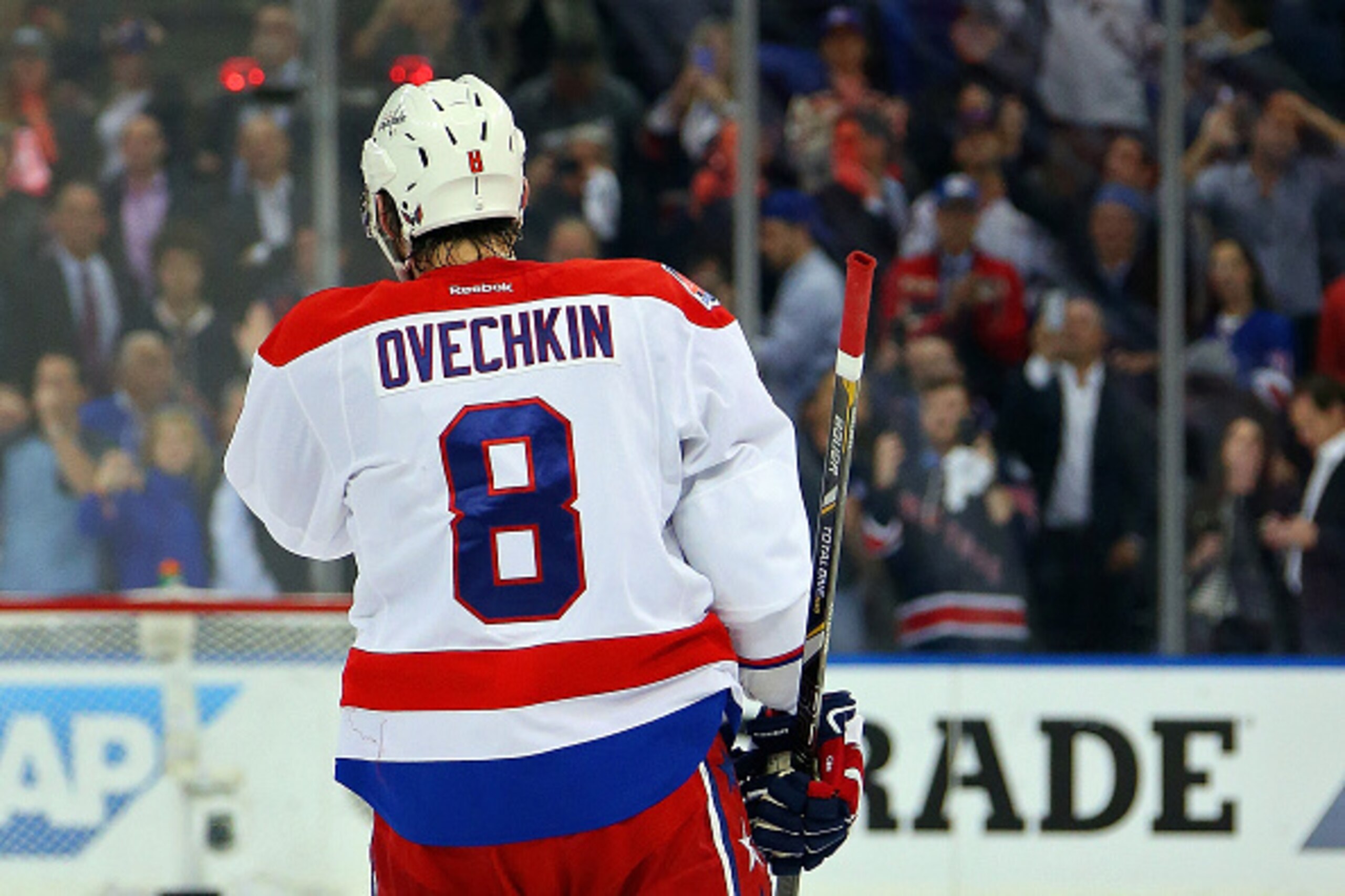 NEW YORK, NY - MAY 13:  Alex Ovechkin #8 of the Washington Capitals looks on after losing in Game Seven of the Eastern Conference Semifinals against the New York Rangers during the 2015 NHL Stanley Cup Playoffs at Madison Square Garden on May 13, 2015 in