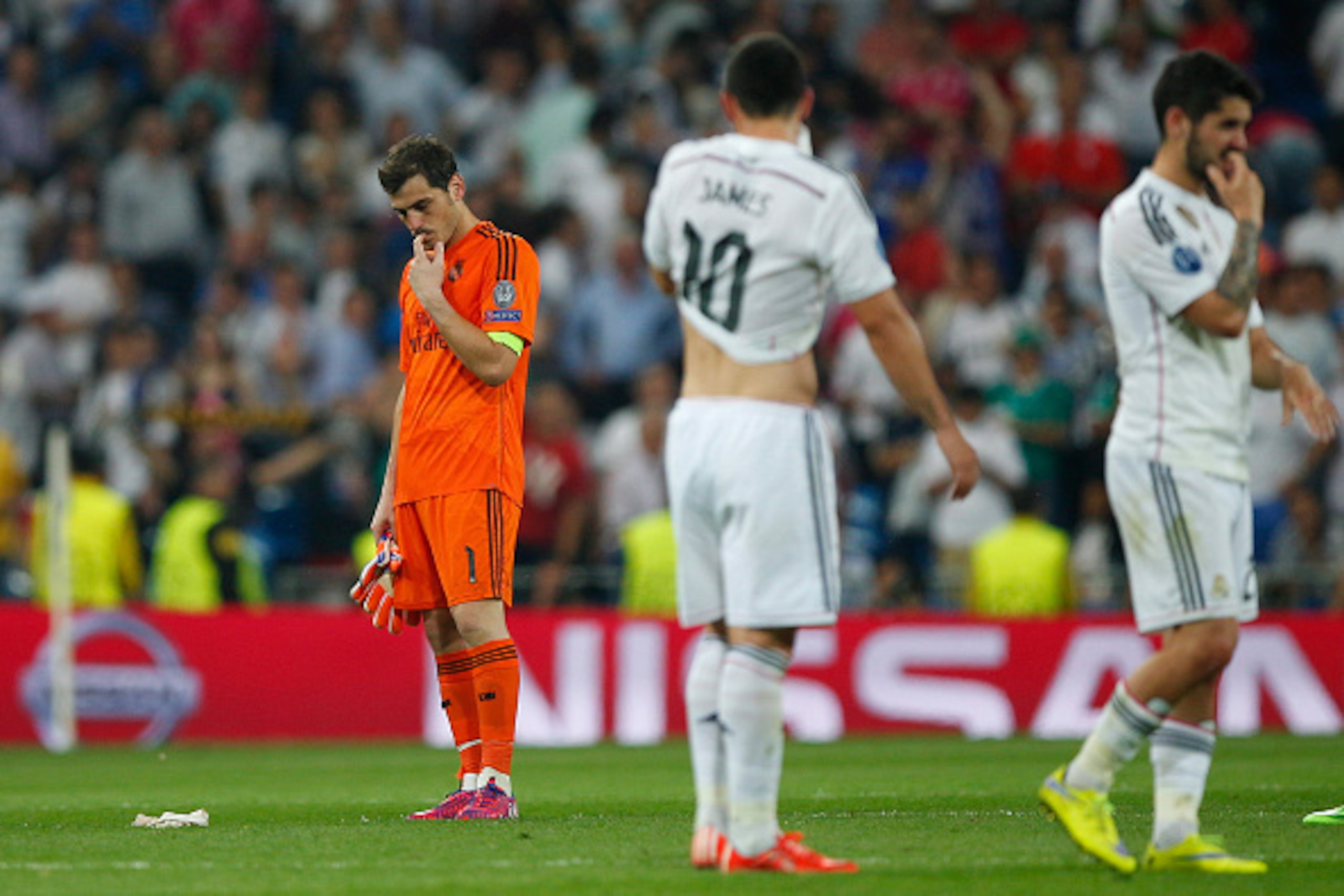 MADRID, SPAIN - MAY 13:  A dejected Iker Casillas of Real Madrid reacts following his team's exit from the competition during the UEFA Champions League Semi Final, second leg match between Real Madrid and Juventus at Estadio Santiago Bernabeu on May 13, 2