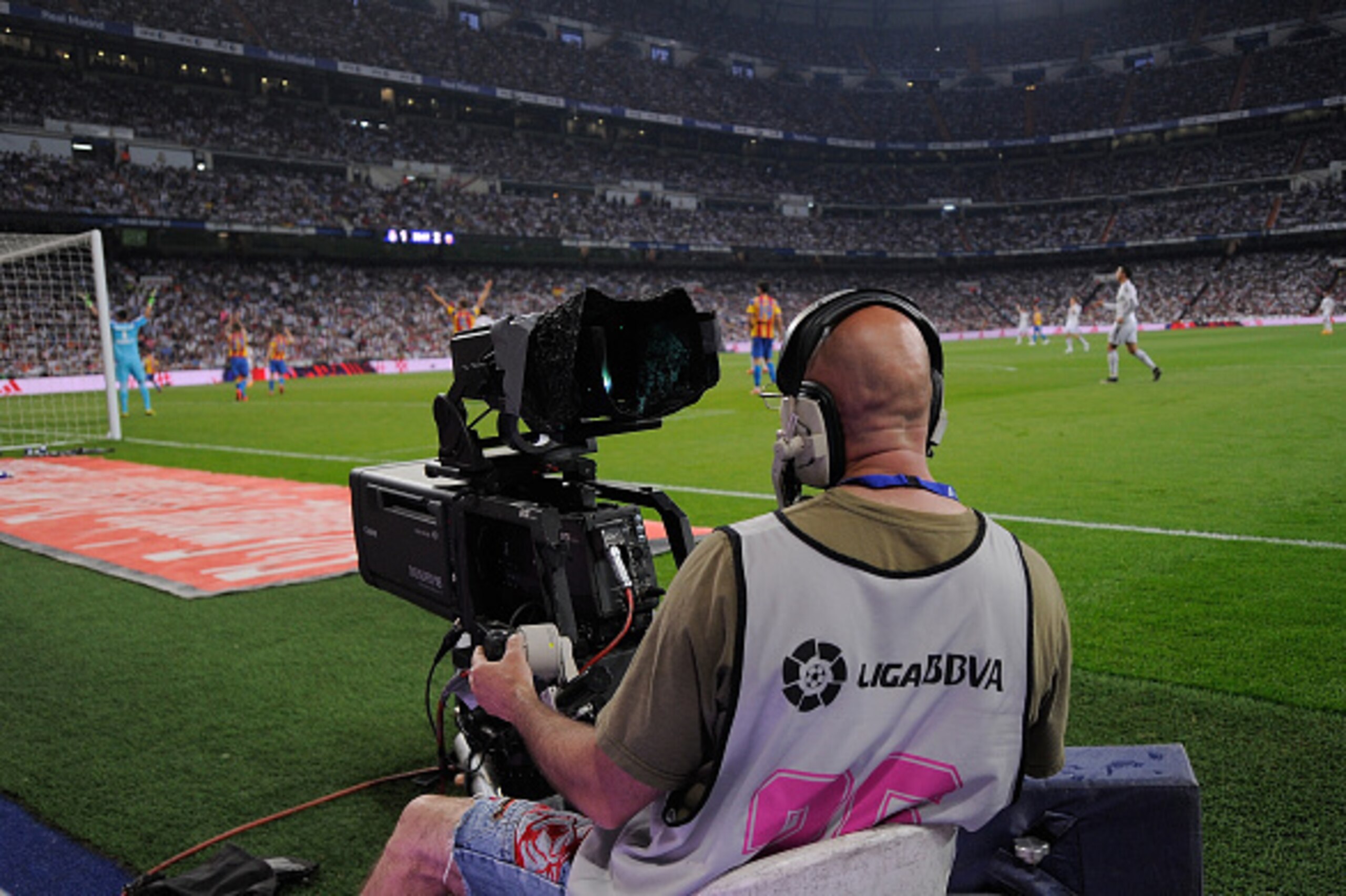 MADRID, SPAIN - MAY 09:  A camera operator films the La Liga match between Real Madrid CF and Valencia CF at the estadio Santiago Bernabeu on May 9, 2015 in Madrid, Spain. The players union have called an indefinate strike on May 16th over disagreements o
