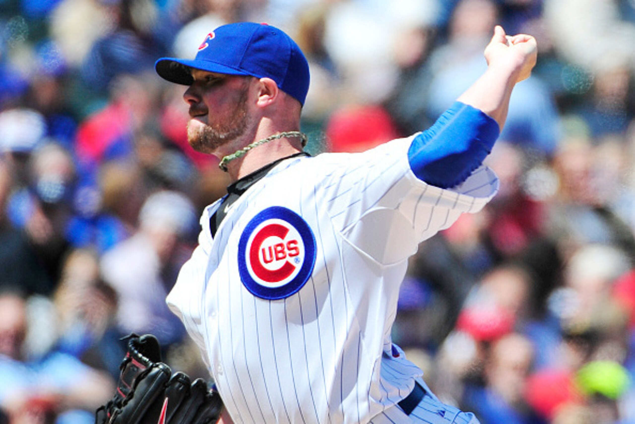 CHICAGO, IL - MAY 01: Jon Lester #34 of the Chicago Cubs pitches against the Milwaukee Brewers during the first inning on May 1, 2015 at Wrigley Field in Chicago, Illinois. (Photo by David Banks/Getty Images)