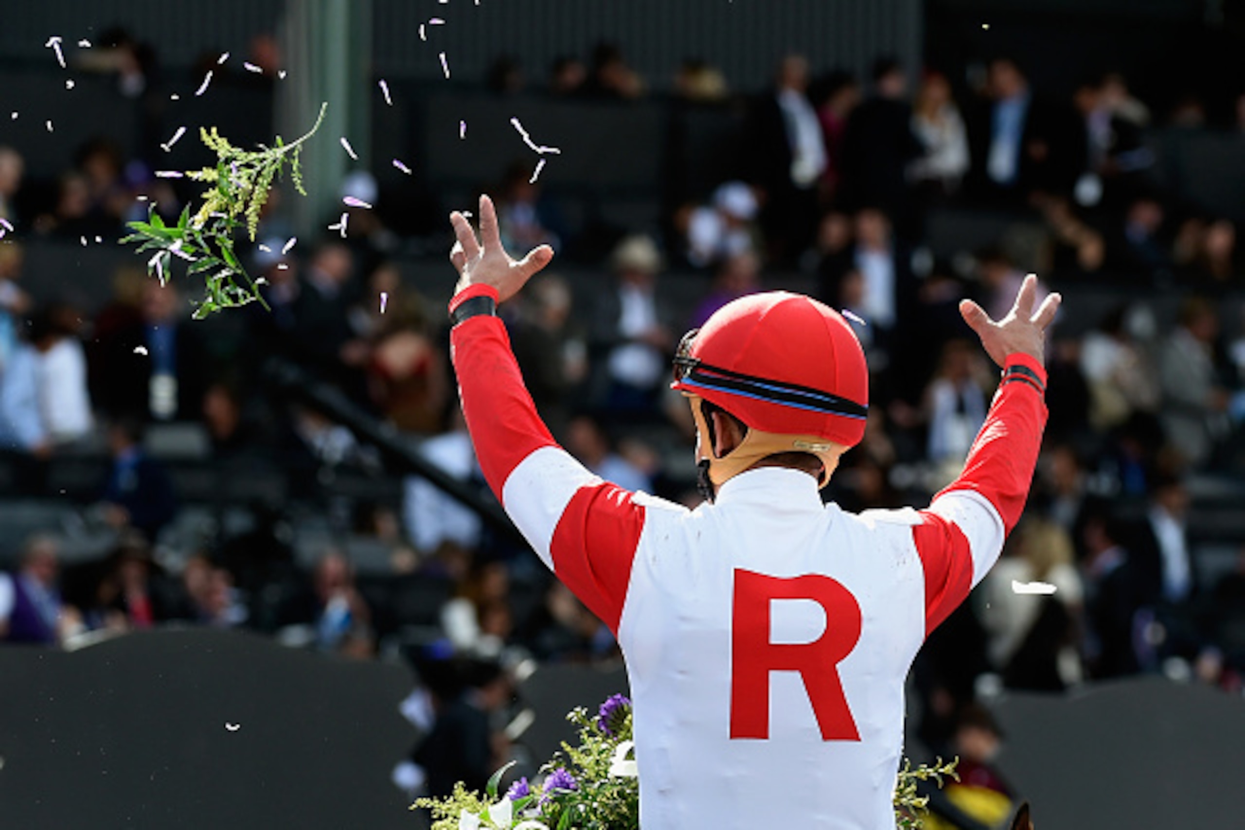 ARCADIA, CA - NOVEMBER 01:  Jockey Joel Rosario celebrates atop Bobby's Kitten after winning the 2014 Breeders' Cup Turf Sprint at Santa Anita Park on November 1, 2014 in Arcadia, California.  (Photo by Kevork Djansezian/Getty Images)