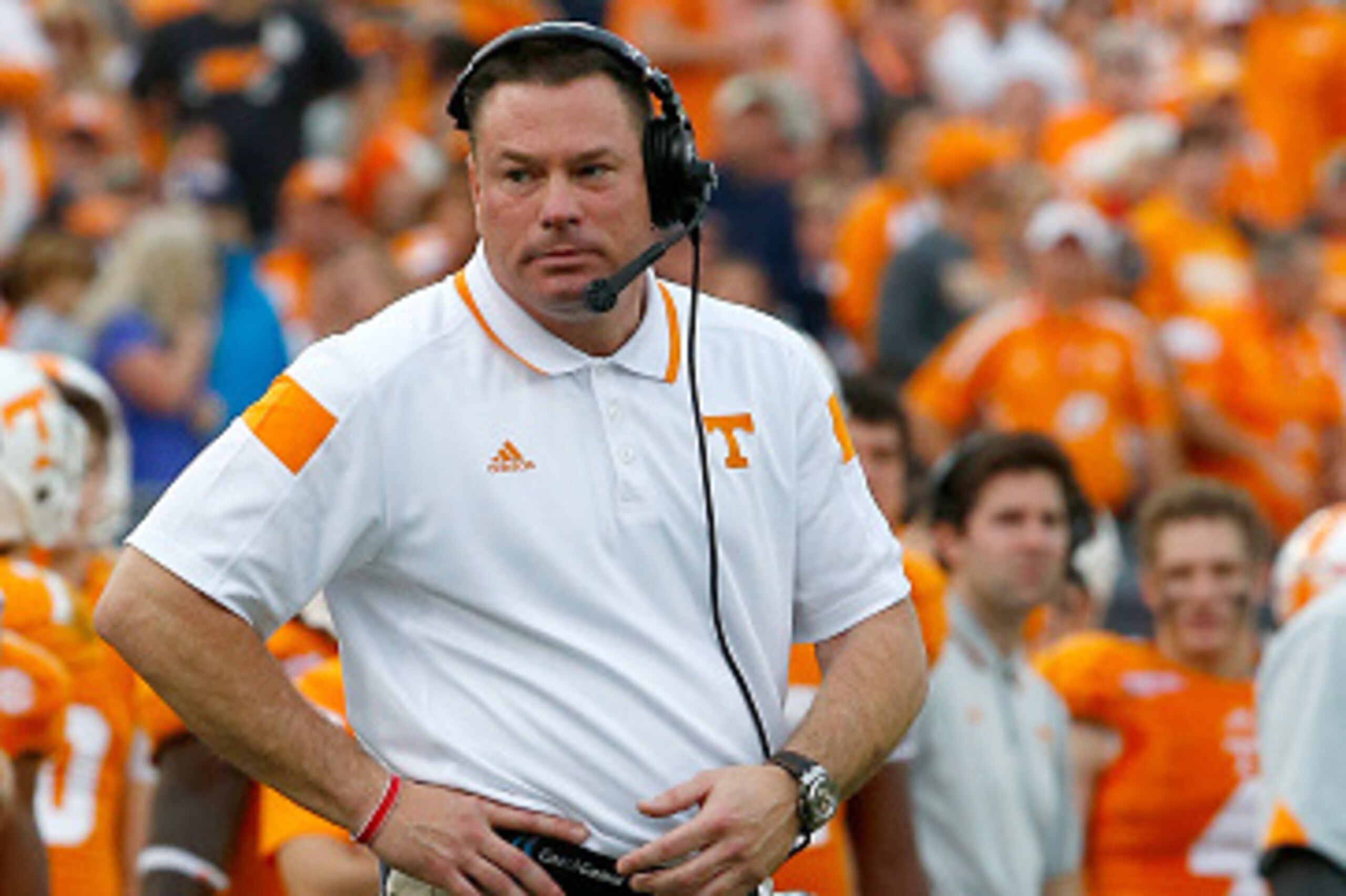 JACKSONVILLE, FL - JANUARY 02:  Head coach Butch Jones of the Tennessee Volunteers watches the action during the TaxSlayer Bowl against the Iowa Hawkeyes at EverBank Field on January 2, 2015 in Jacksonville, Florida.  (Photo by Sam Greenwood/Getty Images)
