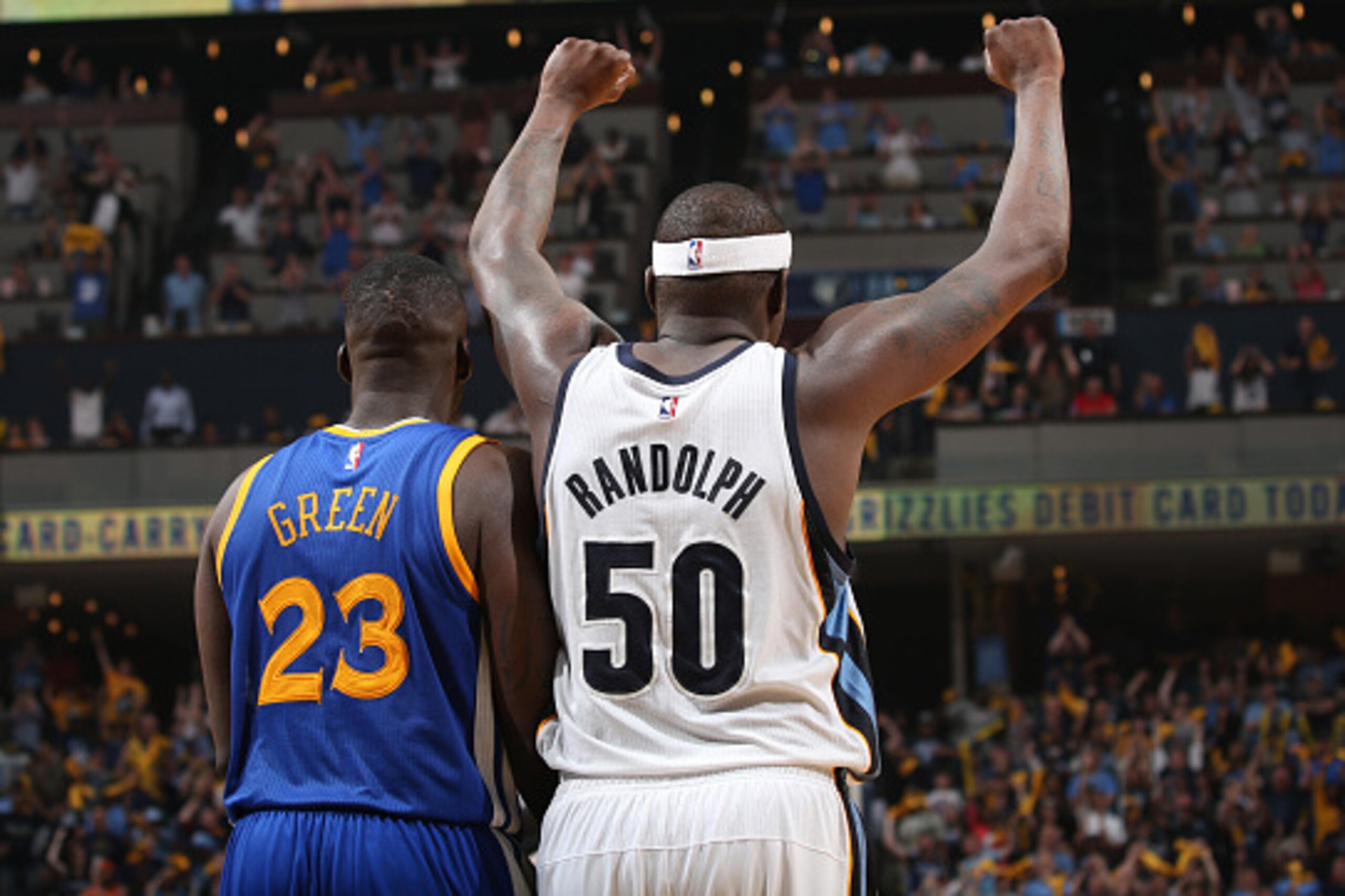 MEMPHIS, TN - MAY 9: Zach Randolph #50 of the Memphis Grizzlies and Draymond Green #23 of the Golden State Warriors during Game Three of the Western Conference Semifinals for the NBA Playoffs on May 9, 2015 at FedExForum in Memphis, Tennessee.  NOTE TO US
