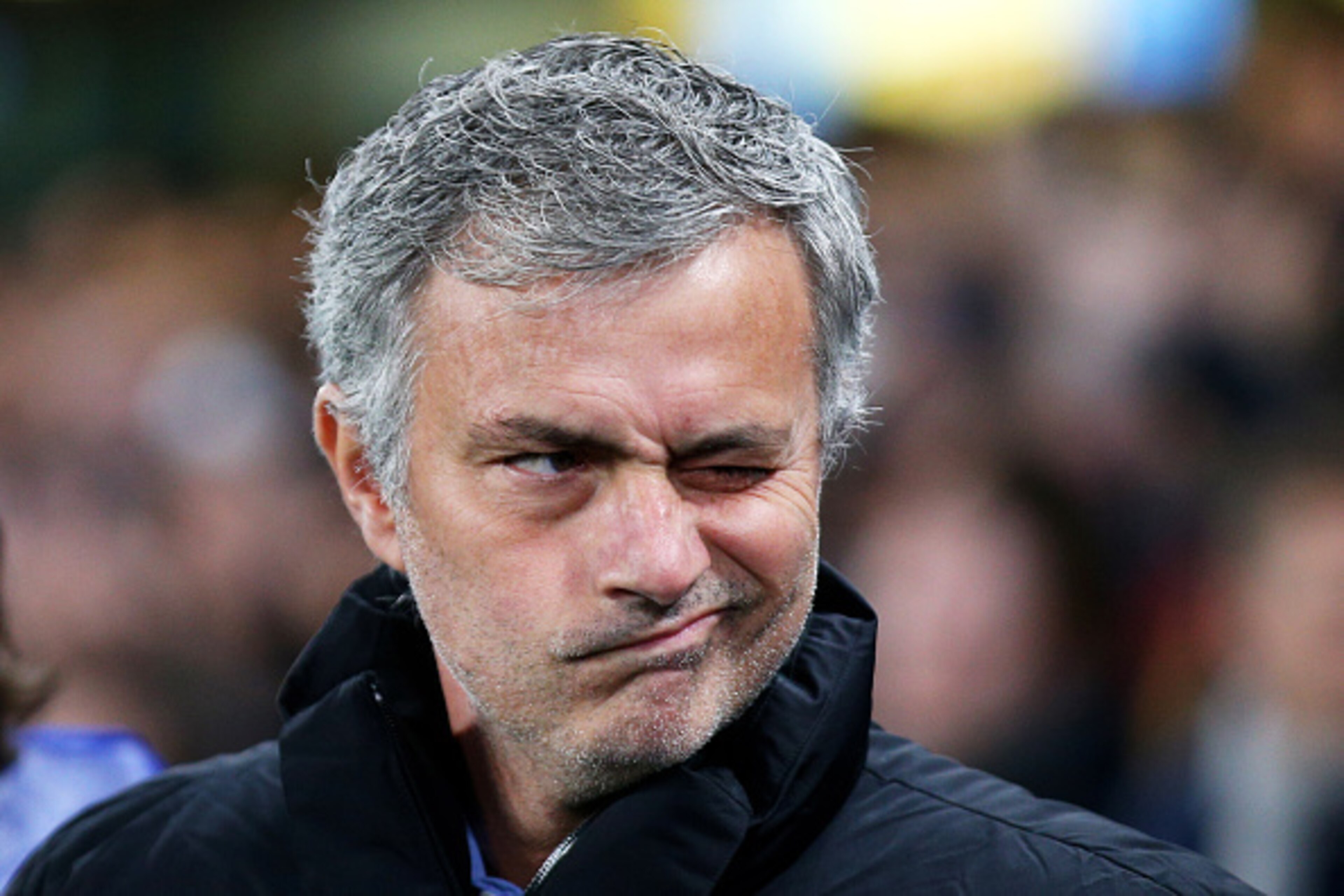 LONDON, ENGLAND - MARCH 11:  Jose Mourinho the manager of Chelsea winks prior to kickoff during the UEFA Champions League Round of 16, second leg match between Chelsea and Paris Saint-Germain at Stamford Bridge on March 11, 2015 in London, England.  (Phot