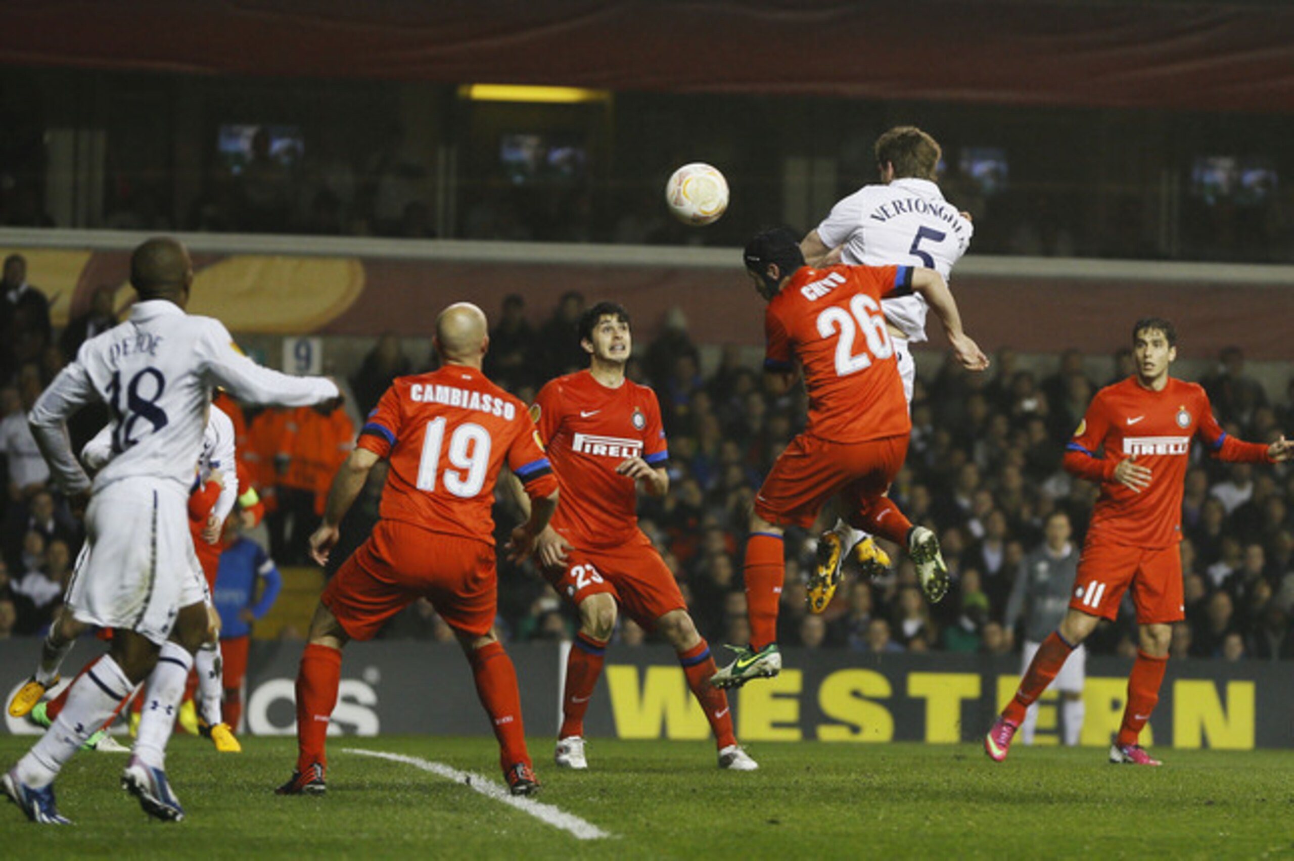 Jan Vertonghen heads in Spurs' third of a 3-0 win against Inter Milan in March 2013. Despite a nervy second leg at the San Siro, they held on to reach the quarter-final stage, losing to Basel.