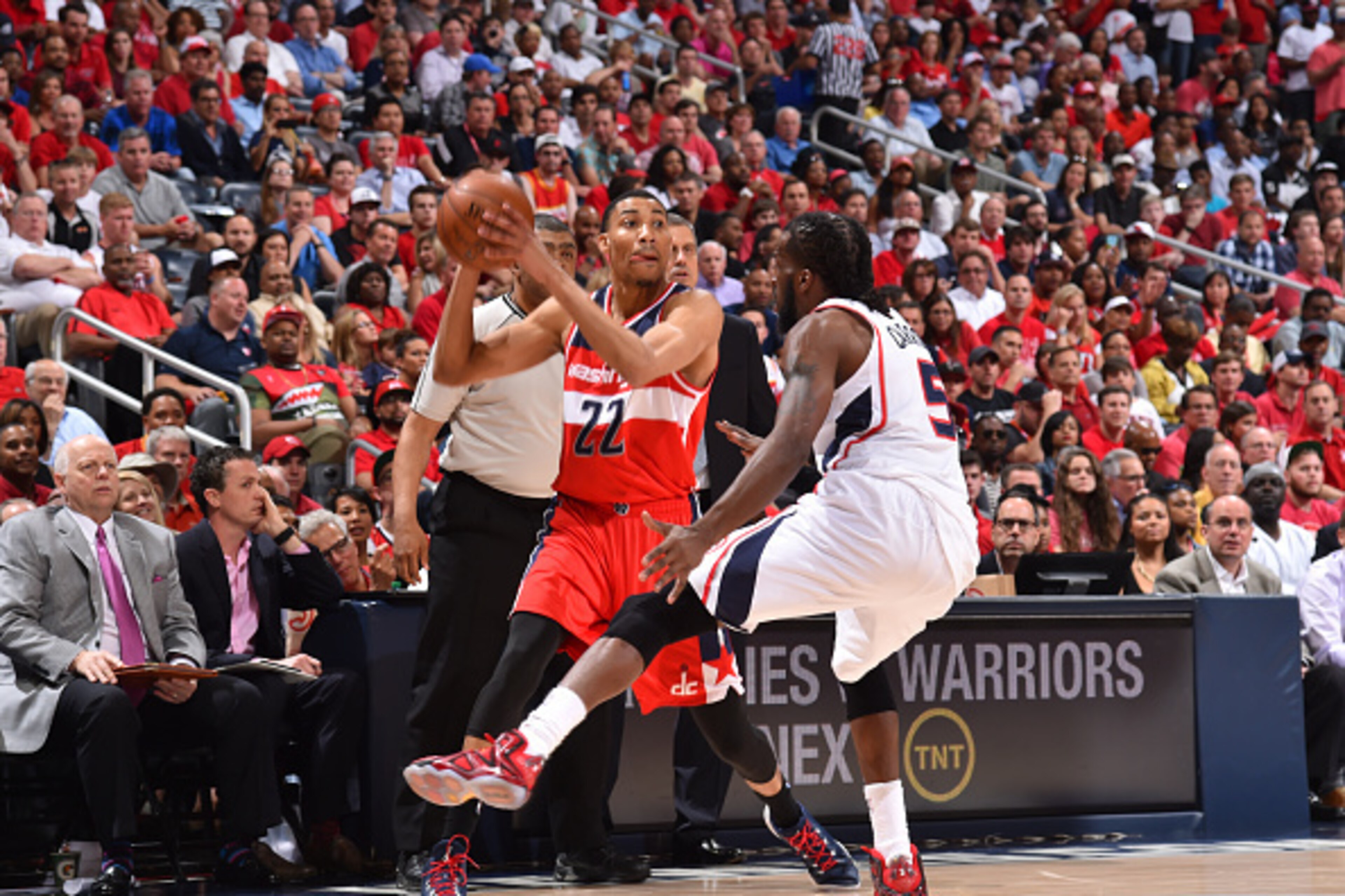 ATLANTA, GA: Otto Porter Jr. #22 of the Washington Wizards looks to pass the ball against the Atlanta Hawks in Game five of the Eastern Conference Semifinals of the NBA Playoffs on May 13, 2015 at Philips Arena in Atlanta, Georgia.  NOTE TO USER: User exp