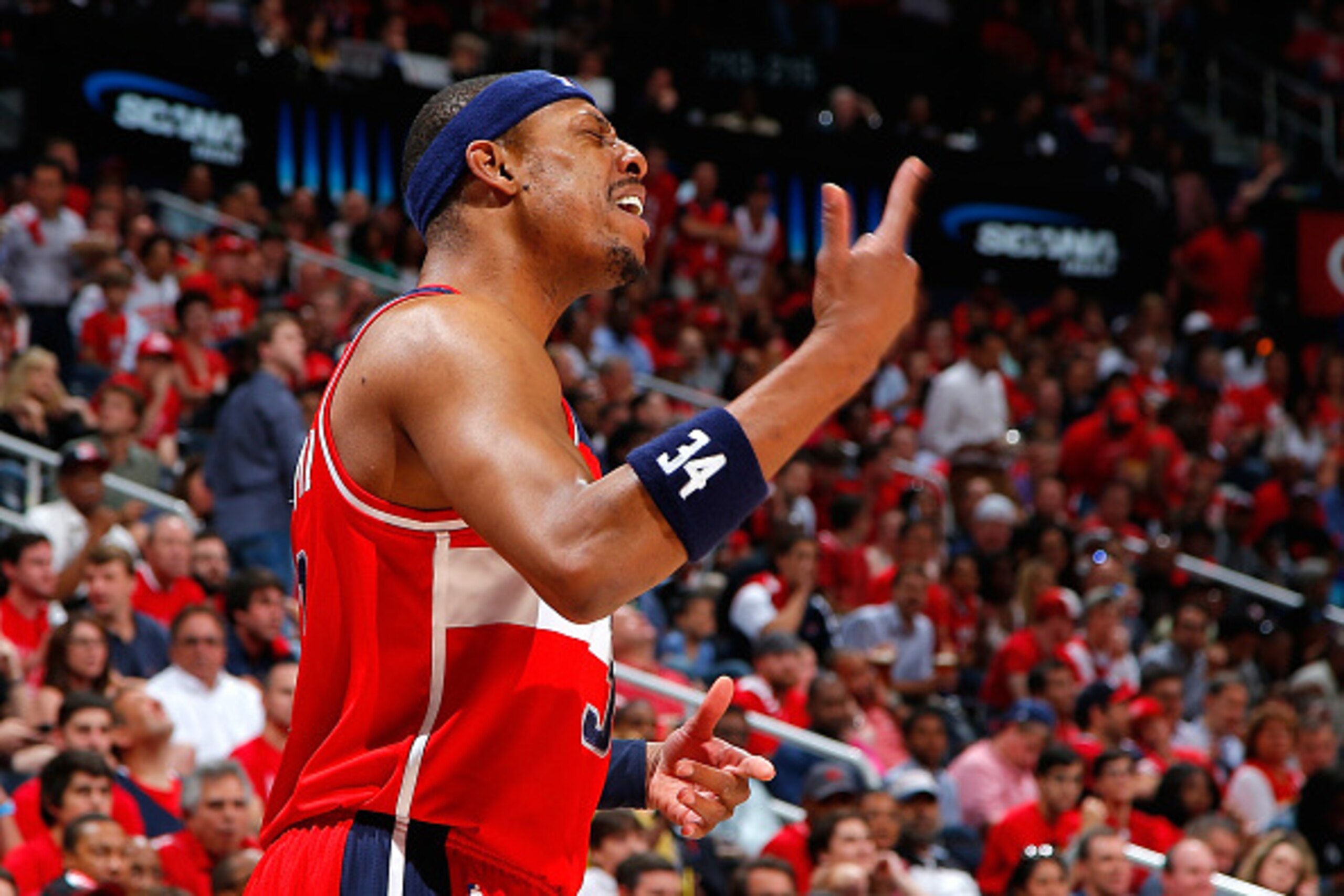 ATLANTA, GA - MAY 13:  Paul Pierce #34 of the Washington Wizards reacts to his teammates during Game Five of the Eastern Conference Semifinals of the 2015 NBA Playoffs against the Atlanta Hawks at Philips Arena on May 13, 2015 in Atlanta, Georgia.  NOTE T