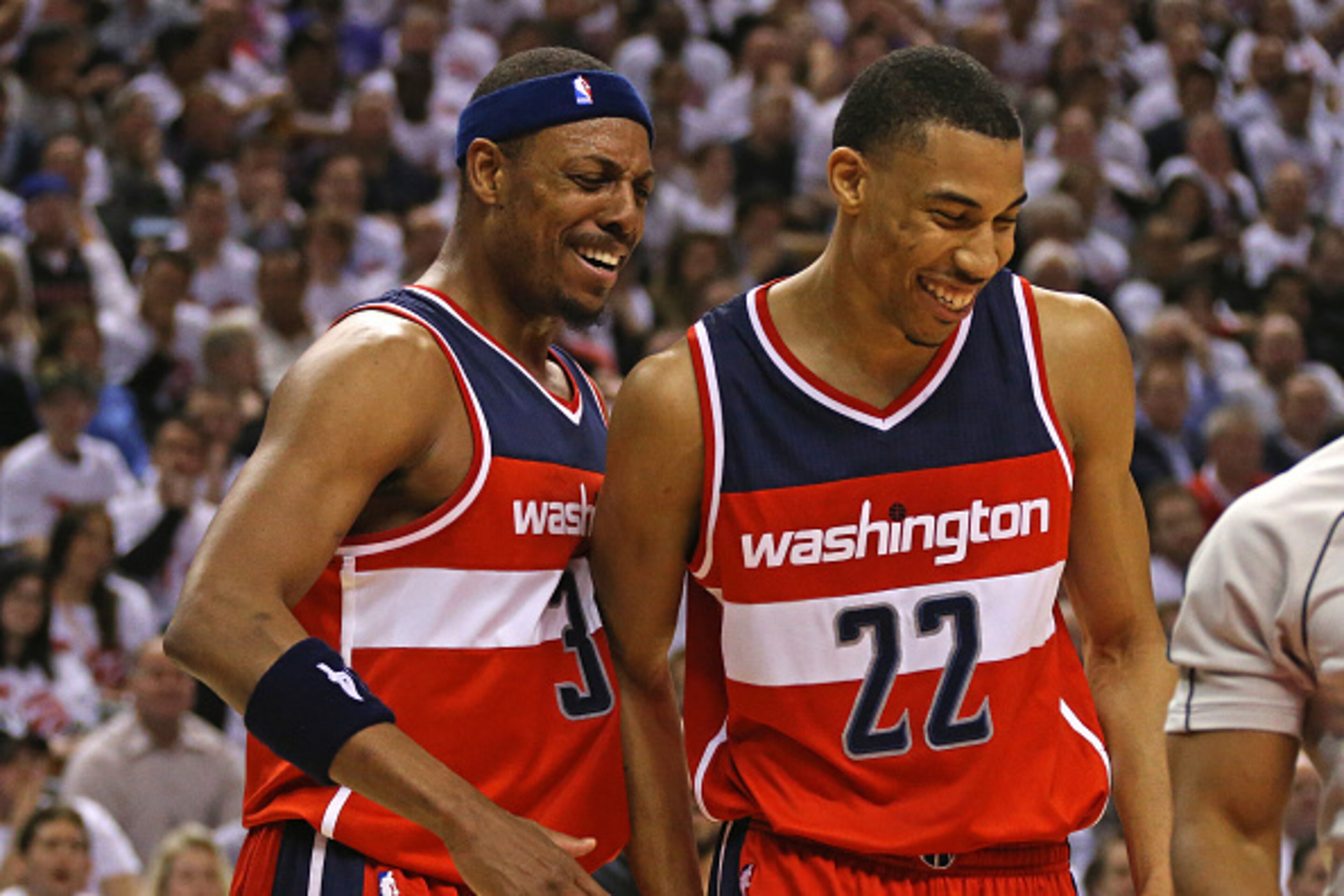 TORONTO,ON - APRIL 21:  Paul Pierce #34 and Otto Porter Jr. #22 of the Washington Wizards during the game against the Toronto Raptors during Game Two of the Eastern Conference Quarterfinals of the 2015 NBA Playoffs at the Air Canada Centre on April 21, 20