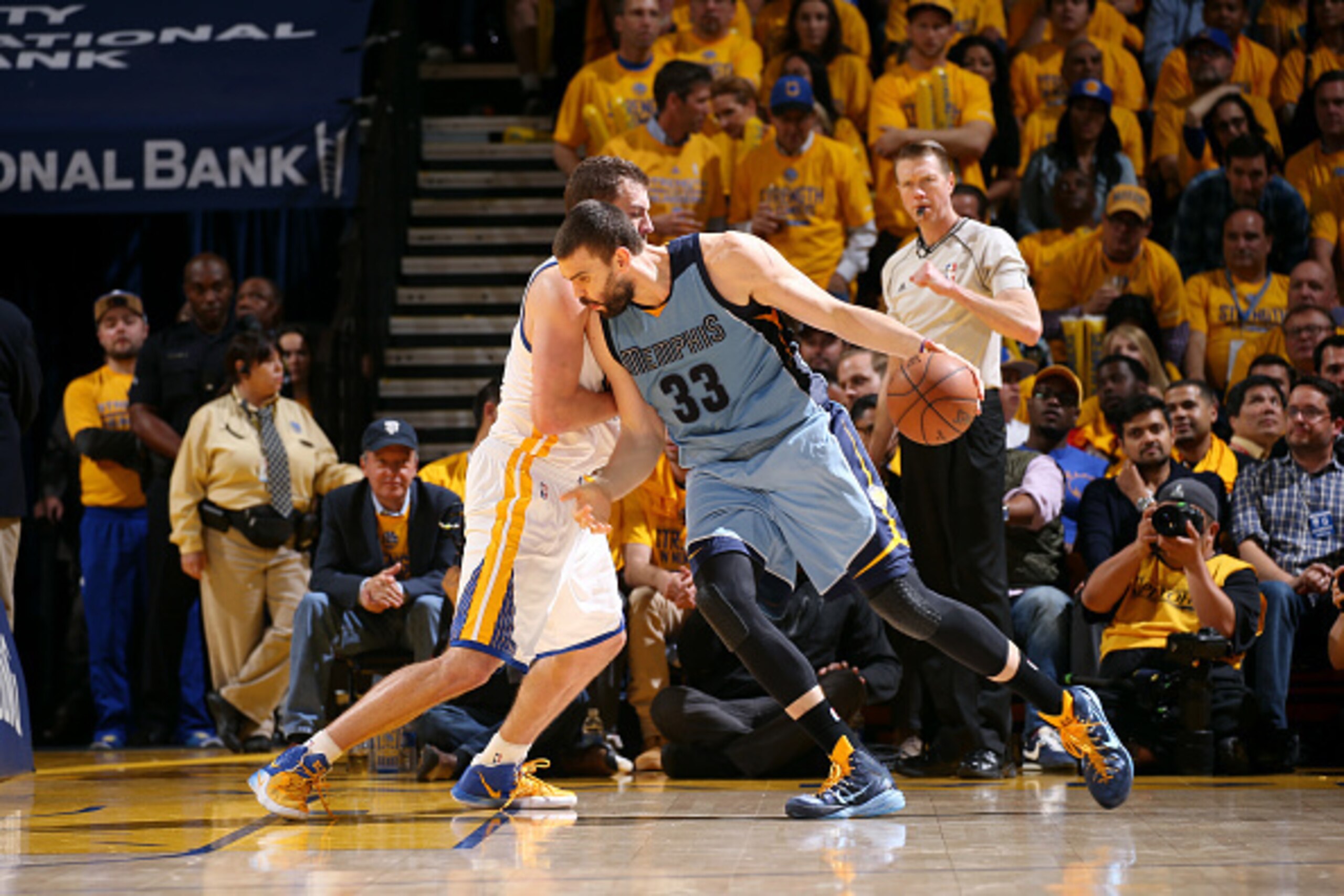 OAKLAND, CA - MAY 13: Marc Gasol #33 of the Memphis Grizzlies handles the ball against the Golden State Warriors in Game Five of the Western Conference Semifinals during the NBA Playoffs on May 13, 2015 at Oracle Arena in Oakland, California. NOTE TO USER