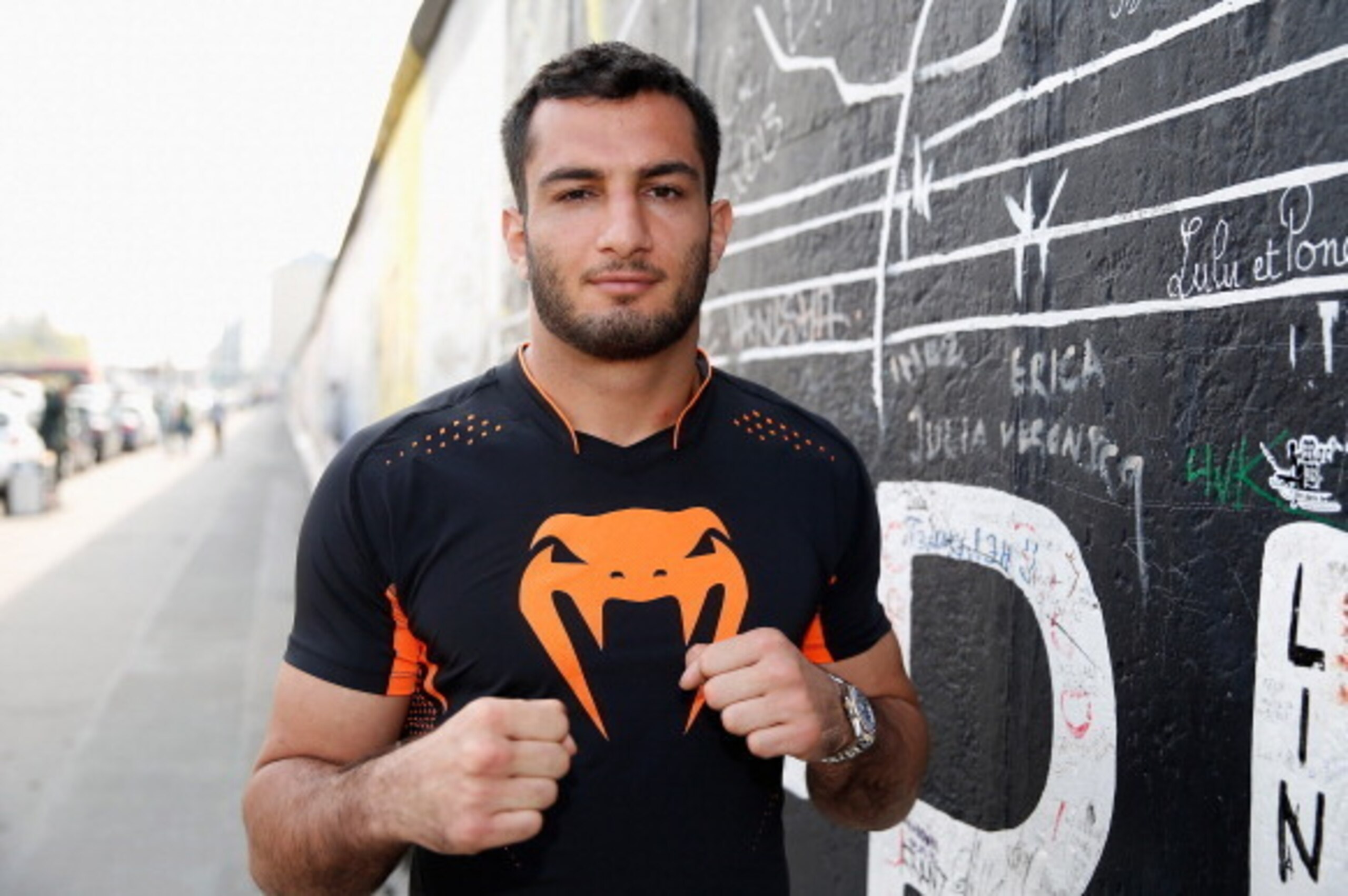 BERLIN, GERMANY - APRIL 03: Gegard Mousasi 'The Dreamcatcher' pose ahead of the UFC Fight Night Berlin at East Side Gallery on March 22, 2014 in Berlin, Germany.  (Photo by Boris Streubel/Getty Images)