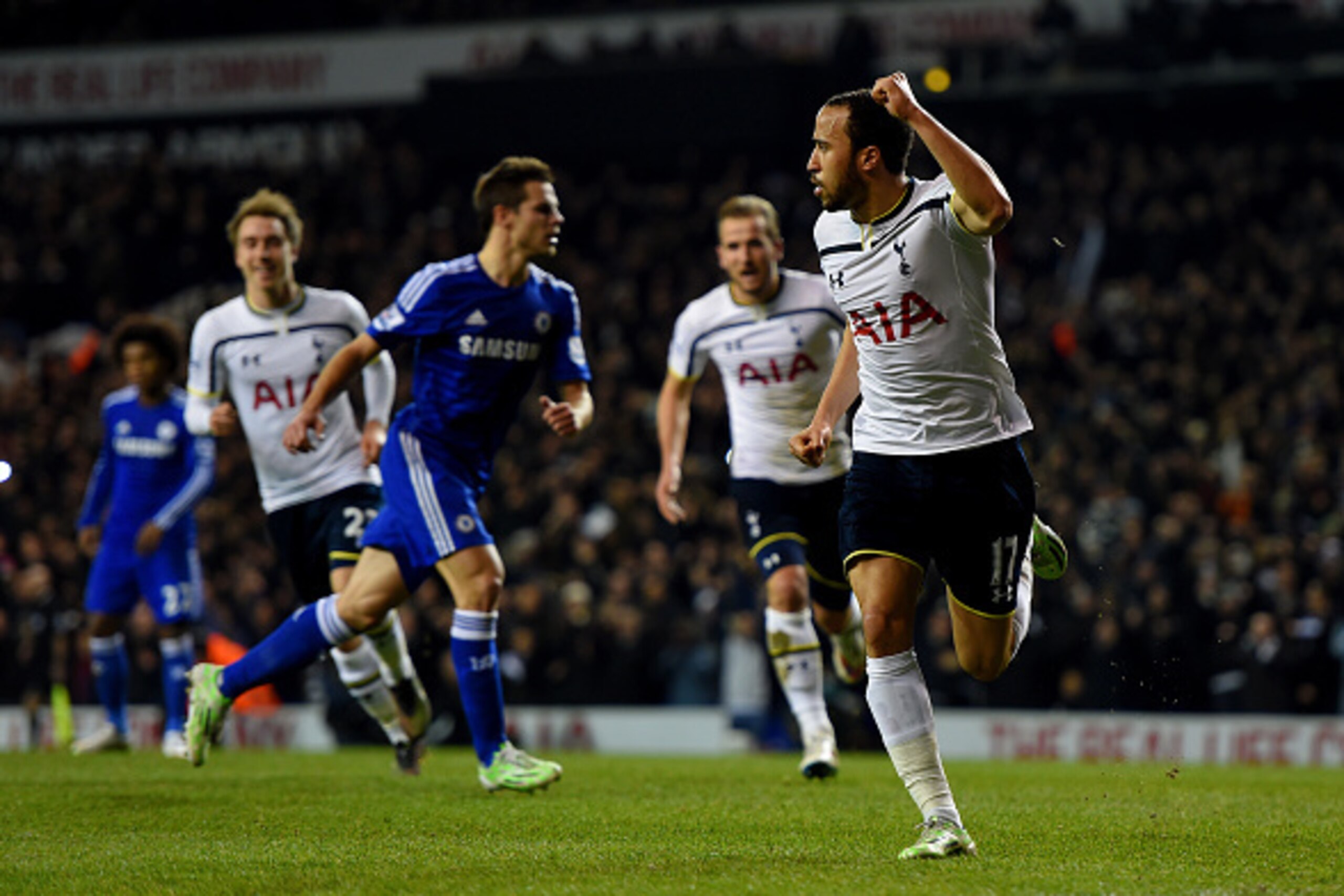 LONDON, ENGLAND - JANUARY 01:  Andros Townsend of Spurs celebrates after scoring his team's third goal from the penalty spot during the Barclays Premier League match between Tottenham Hotspur and Chelsea at White Hart Lane on January 1, 2015 in London, En