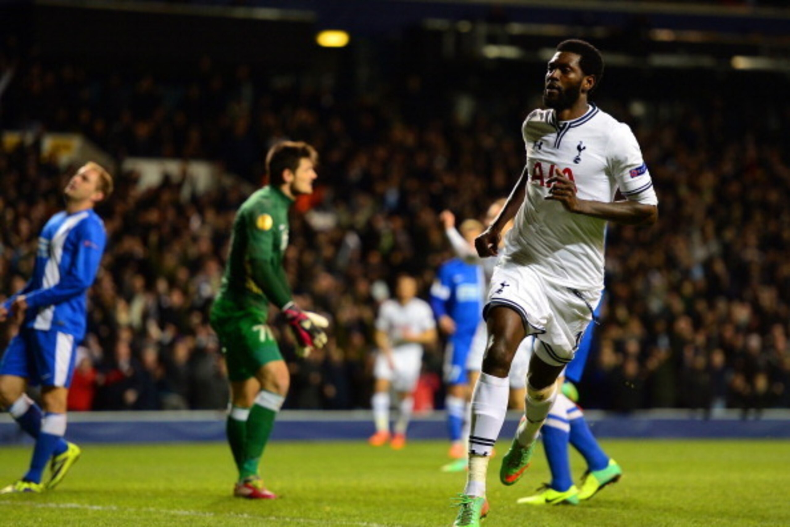 LONDON, ENGLAND - FEBRUARY 27:  Emmanuel Adebayor of Tottenham Hotspur turns to celebrate after scoring their third goal during the UEFA Europa League Round of 32 second leg match between Tottenham Hotspur and  FC Dnipro Dnipropetrovsk at White Hart Lane 