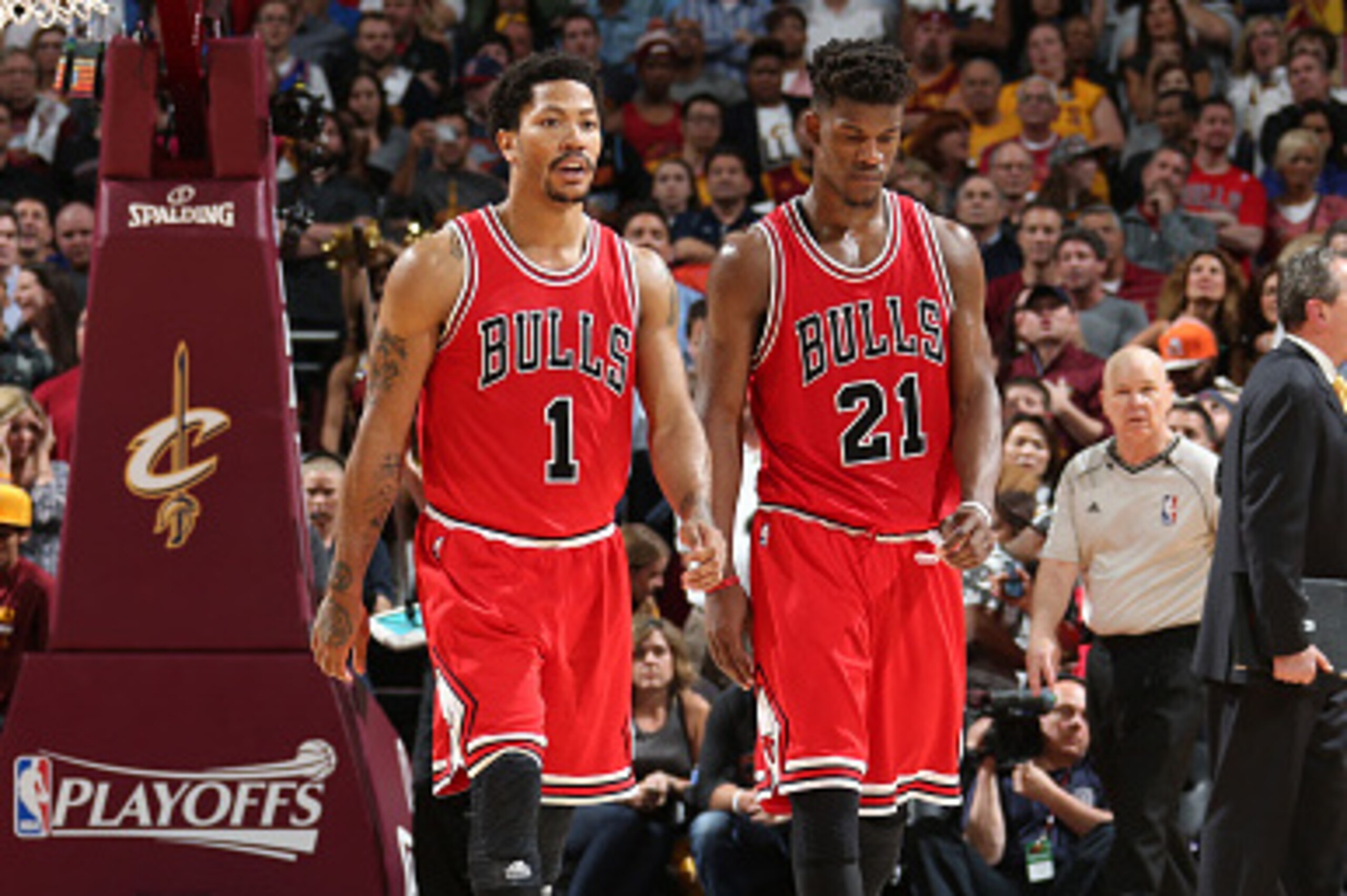CLEVELAND, OH - MAY 12: Joakim Noah #13 Derrick Rose #1 and Jimmy Butler #21 of the Chicago Bulls during the game against the Cleveland Cavaliers in Game Five of the Eastern Conference Semifinals of the NBA Playoffs at The Quicken Loans Arena on May 12, 2
