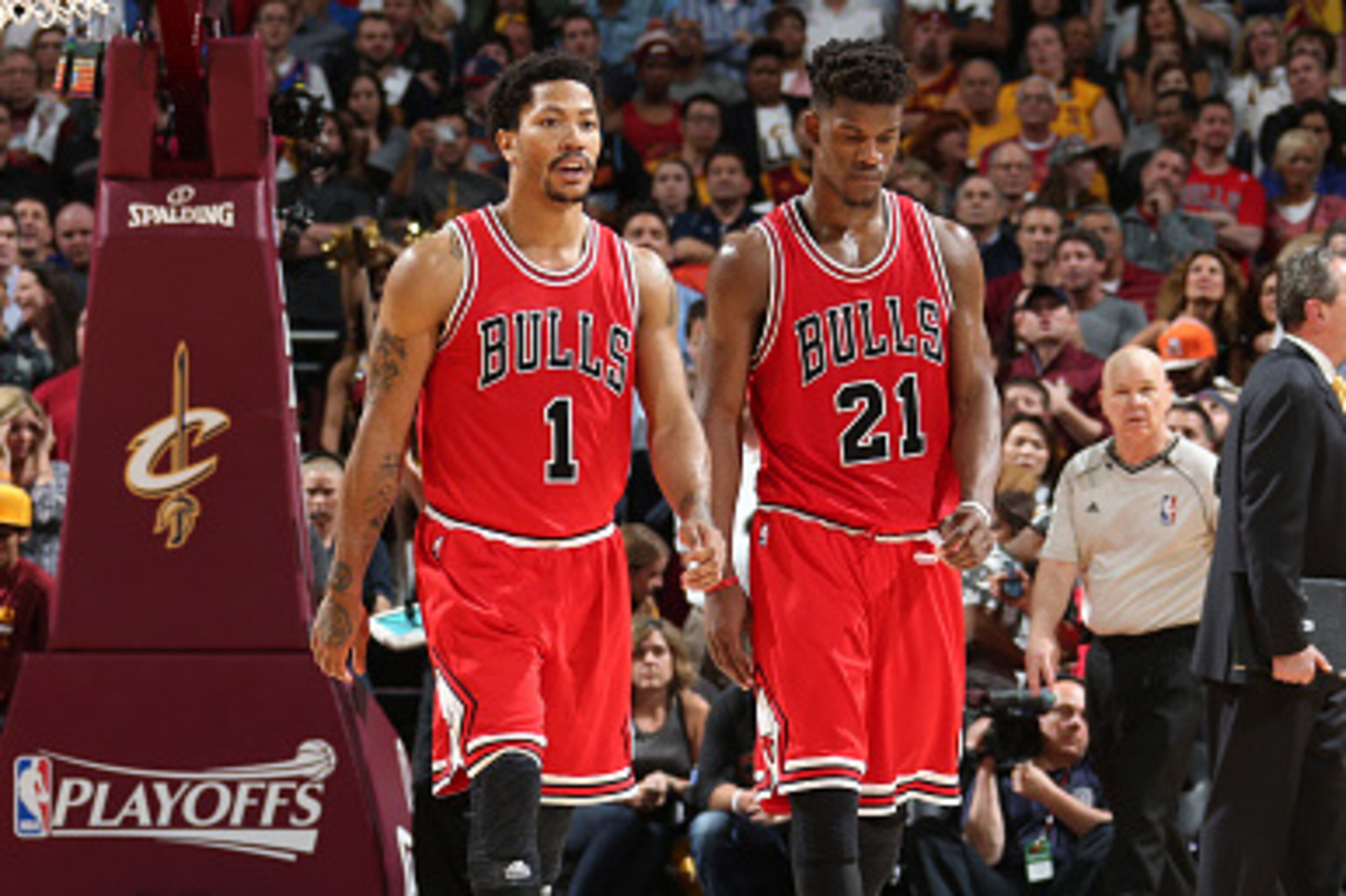CLEVELAND, OH - MAY 12: Joakim Noah #13 Derrick Rose #1 and Jimmy Butler #21 of the Chicago Bulls during the game against the Cleveland Cavaliers in Game Five of the Eastern Conference Semifinals of the NBA Playoffs at The Quicken Loans Arena on May 12, 2