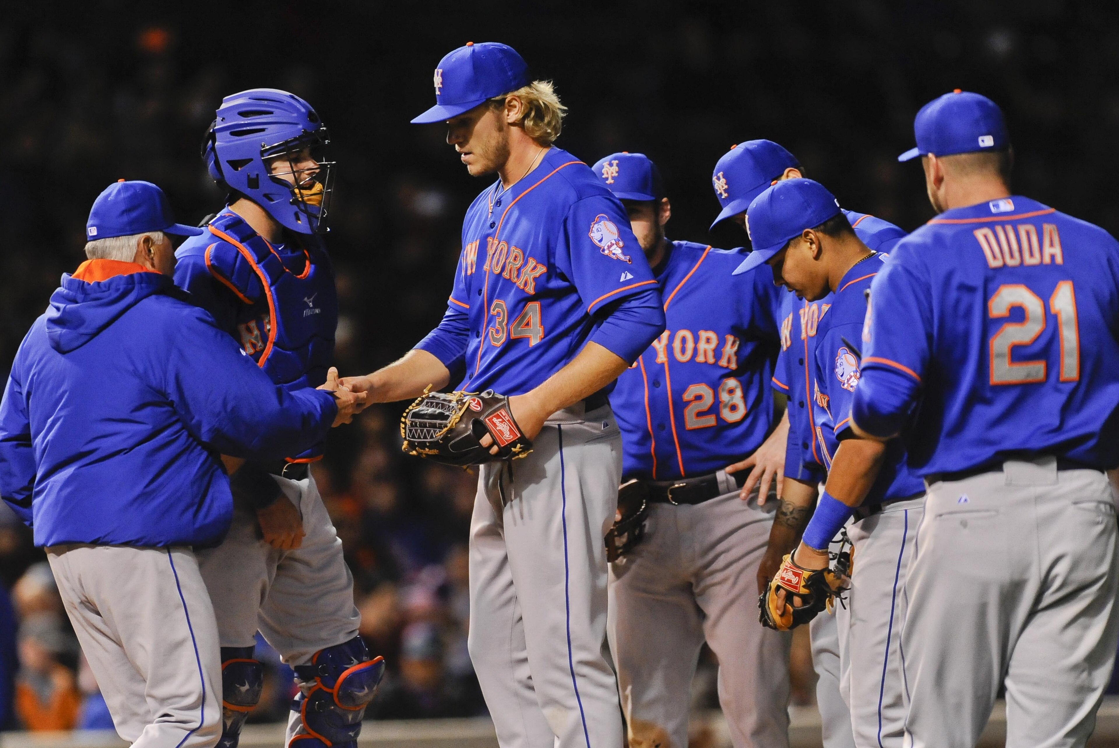 May 12, 2015; Chicago, IL, USA; New York Mets starting pitcher Noah Syndergaard (34) is relieved  in the sixth  inning against the Chicago Cubs at Wrigley Field.  Mandatory Credit: Matt Marton-USA TODAY Sports