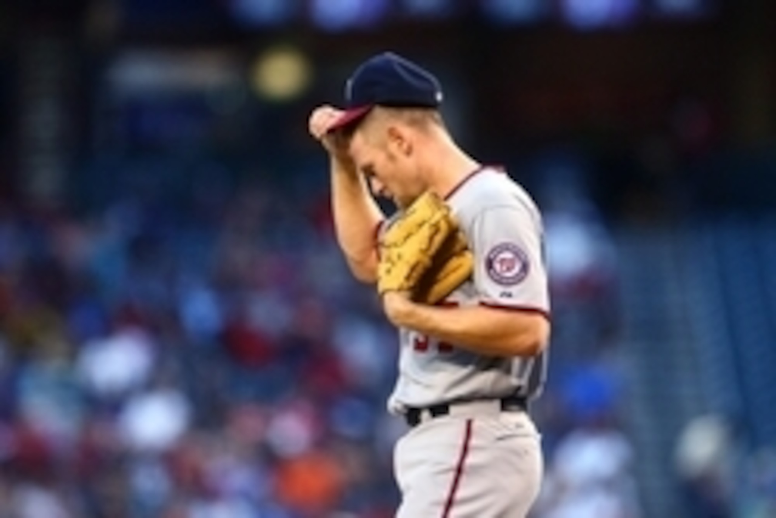 May 12, 2015; Phoenix, AZ, USA; Washington Nationals pitcher Stephen Strasburg reacts against the Arizona Diamondbacks at Chase Field. Mandatory Credit: Mark J. Rebilas-USA TODAY Sports