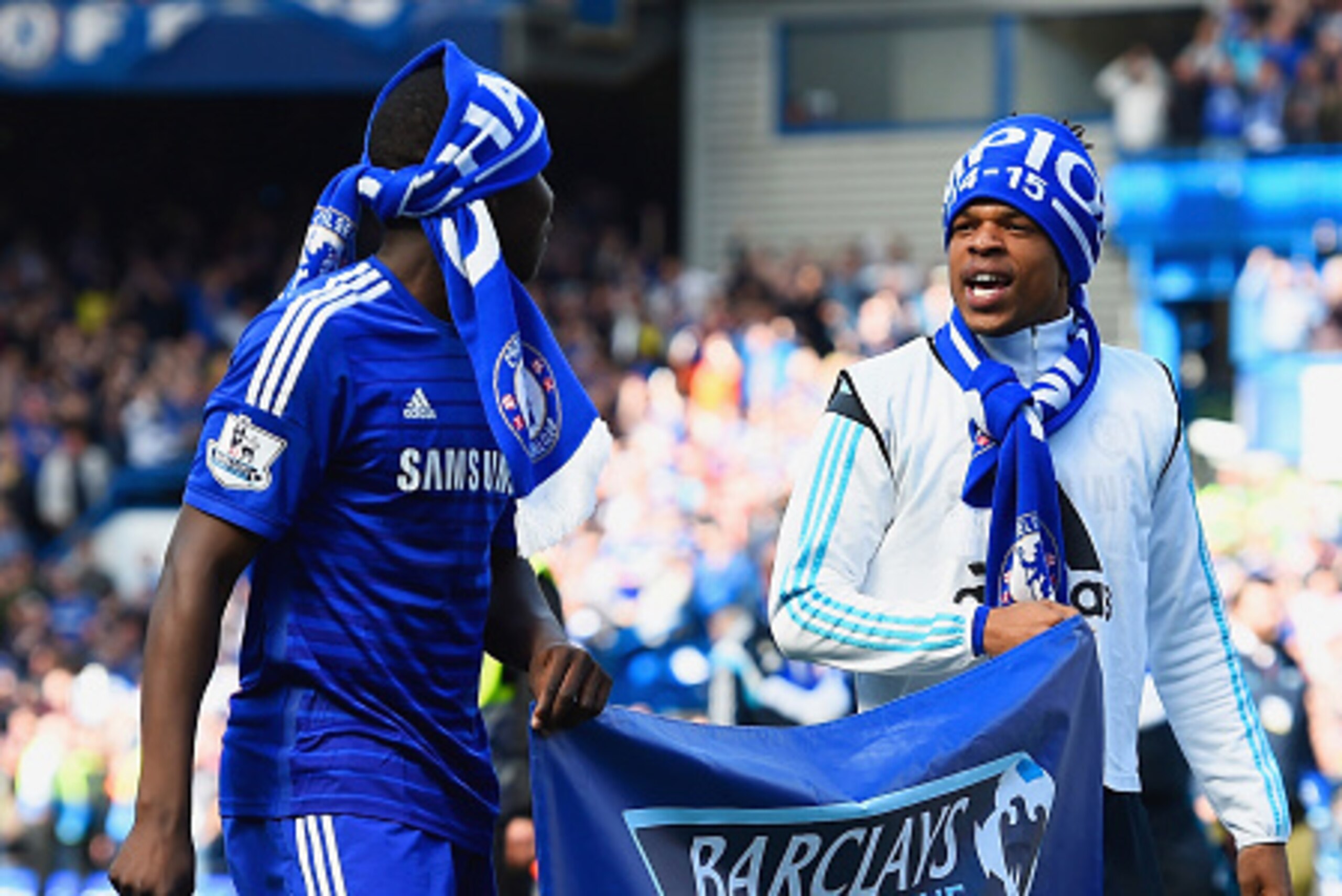 LONDON, ENGLAND - MAY 03: Kurt Zouma (L) and Loic Remy of Chelsea celebrate winning the Premier League title after the Barclays Premier League match between Chelsea and Crystal Palace at Stamford Bridge on May 3, 2015 in London, England. Chelsea became c LONDON, ENGLAND - MAY 03: Kurt Zouma (L) and Loic Remy of Chelsea celebrate winning the Premier League title after the Barclays Premier League match between Chelsea and Crystal Palace at Stamford Bridge on May 3, 2015 in London, England. Chelsea became c