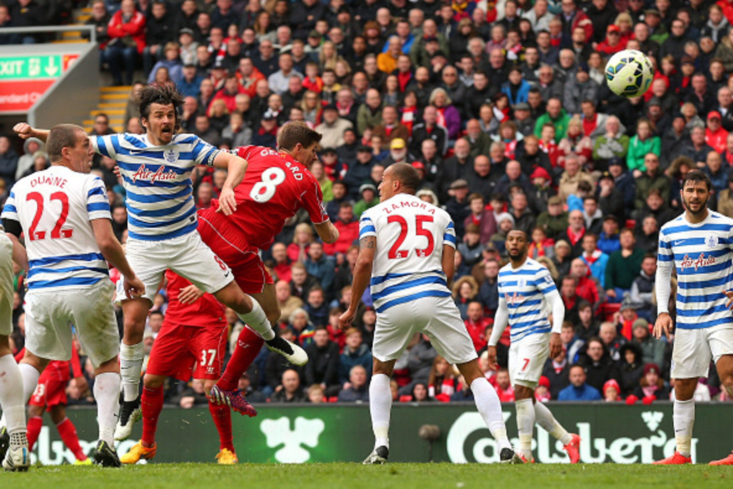 LIVERPOOL, ENGLAND - MAY 02: Steven Gerrard of Liverpool scores the winning goal with a header during the Barclays Premier League match between Liverpool and Queens Park Rangers at Anfield on May 2, 2015 in Liverpool, England. (Photo by Alex Livesey/Get LIVERPOOL, ENGLAND - MAY 02: Steven Gerrard of Liverpool scores the winning goal with a header during the Barclays Premier League match between Liverpool and Queens Park Rangers at Anfield on May 2, 2015 in Liverpool, England. (Photo by Alex Livesey/Get