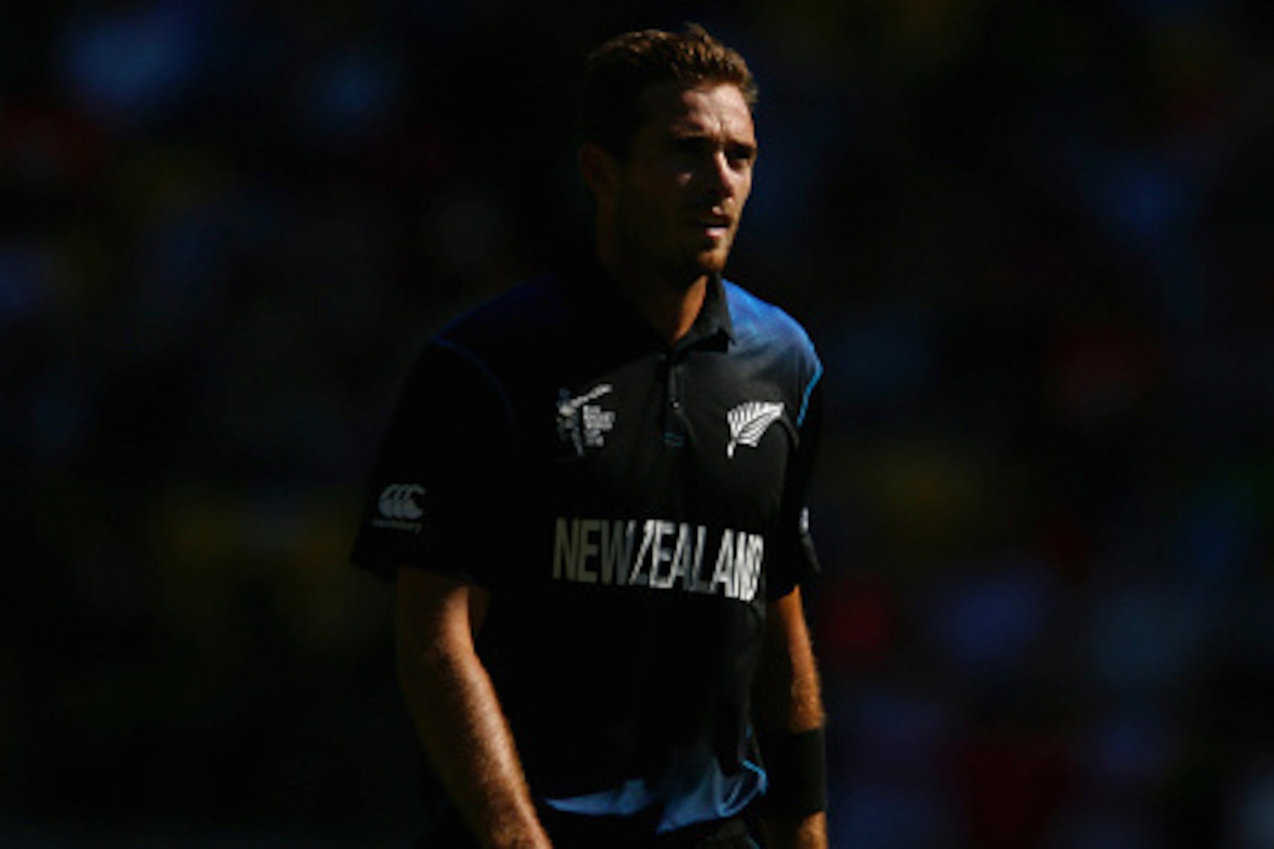 WELLINGTON, NEW ZEALAND - FEBRUARY 20:  Tim Southee of New Zealand walks back to his bowling mark during the 2015 ICC Cricket World Cup match between England and New Zealand at Wellington Regional Stadium on February 20, 2015 in Wellington, New Zealand.  