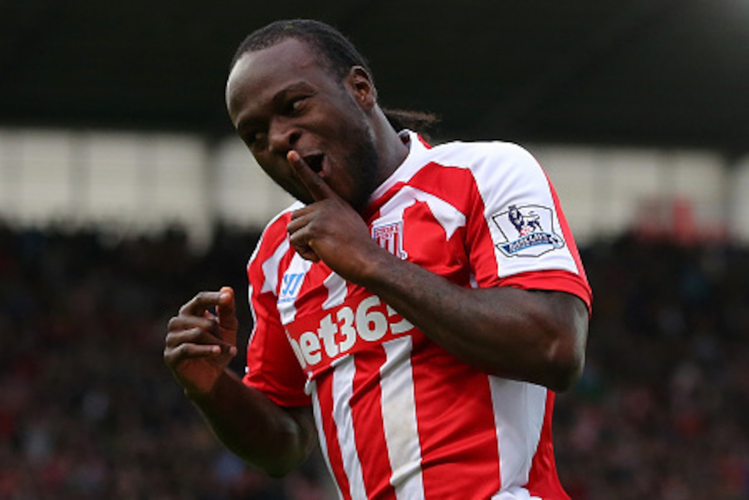 STOKE ON TRENT, ENGLAND - NOVEMBER 01:  Victor Moses of Stoke City celebrates scoring the opening goal during the Barclays Premier League match between Stoke City and West Ham United at the Britannia Stadium on November 1, 2014 in Stoke on Trent, England.