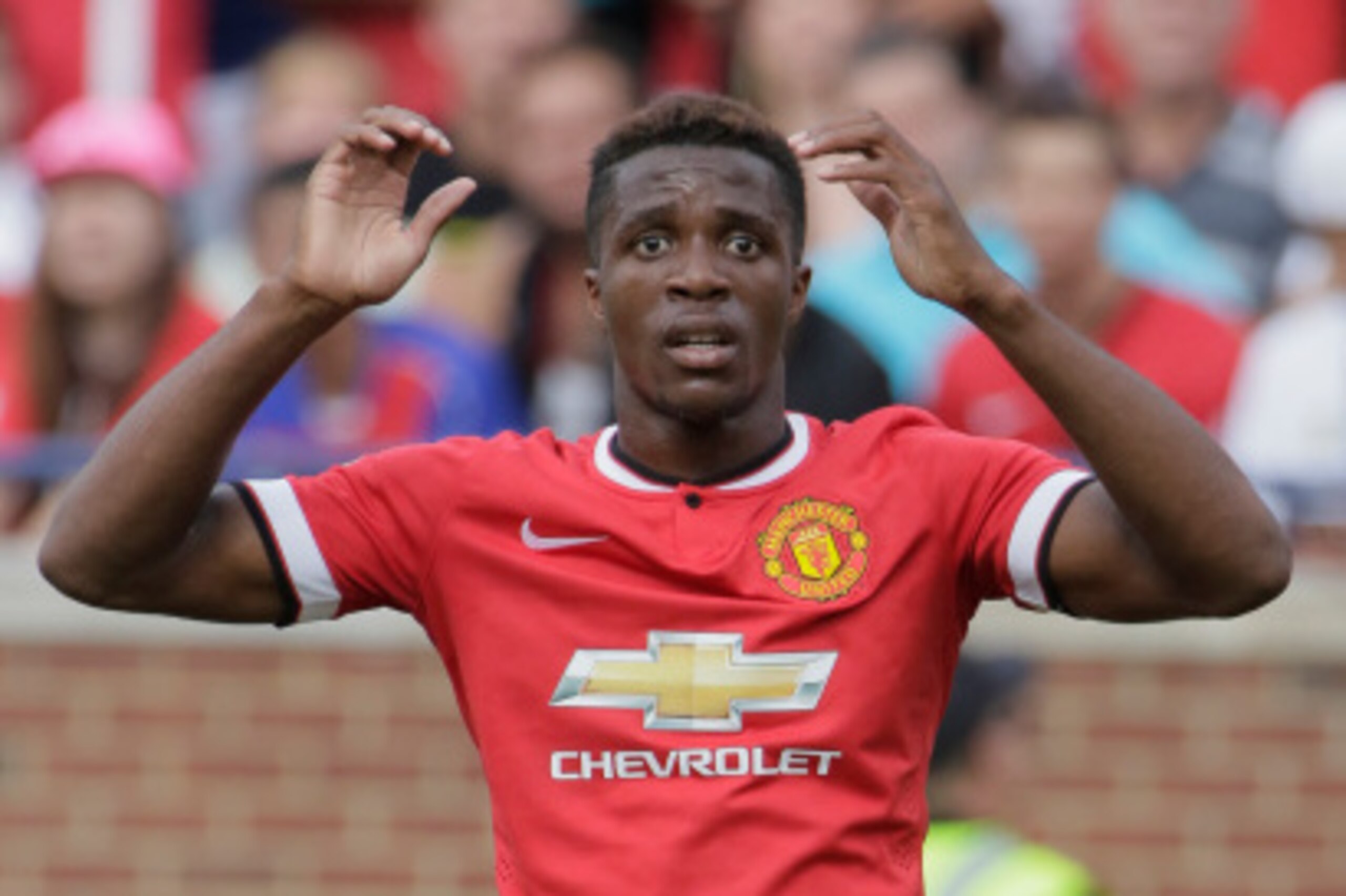 ANN ARBOR, MI - AUGUST 2: Wilfried Zaha #29 of Manchester United reacts after his pass in front of the goal got away from the receiver during the second half of the Guinness International Champions Cup at Michigan Stadium on August 2, 2014, in Ann Arbor, 