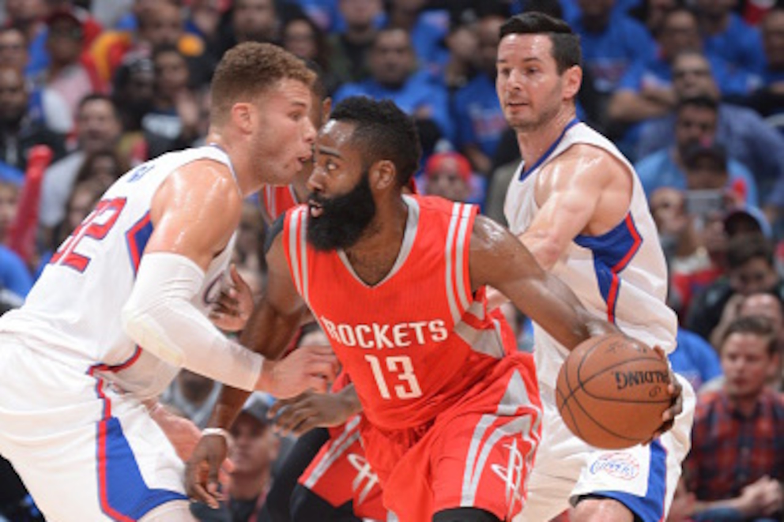 LOS ANGELES, CA - MAY 14:  James Harden #13 of the Houston Rockets handles the ball against Blake Griffin #32 of the Los Angeles Clippers in Game Six of the Western Conference Semifinals during the 2015 NBA Playoffs on May 14, 2015 at Staples Center in Lo