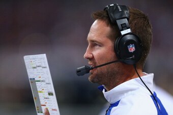 ST. LOUIS, MO - NOVEMBER 3: Offensive coordinator Brian Schottenheimer calls a play against the Tennessee Titans at the Edward Jones Dome on November 3, 2013 in St. Louis, Missouri.  The Titans beat the Rams 28-21. (Photo by Dilip Vishwanat/Getty Images)