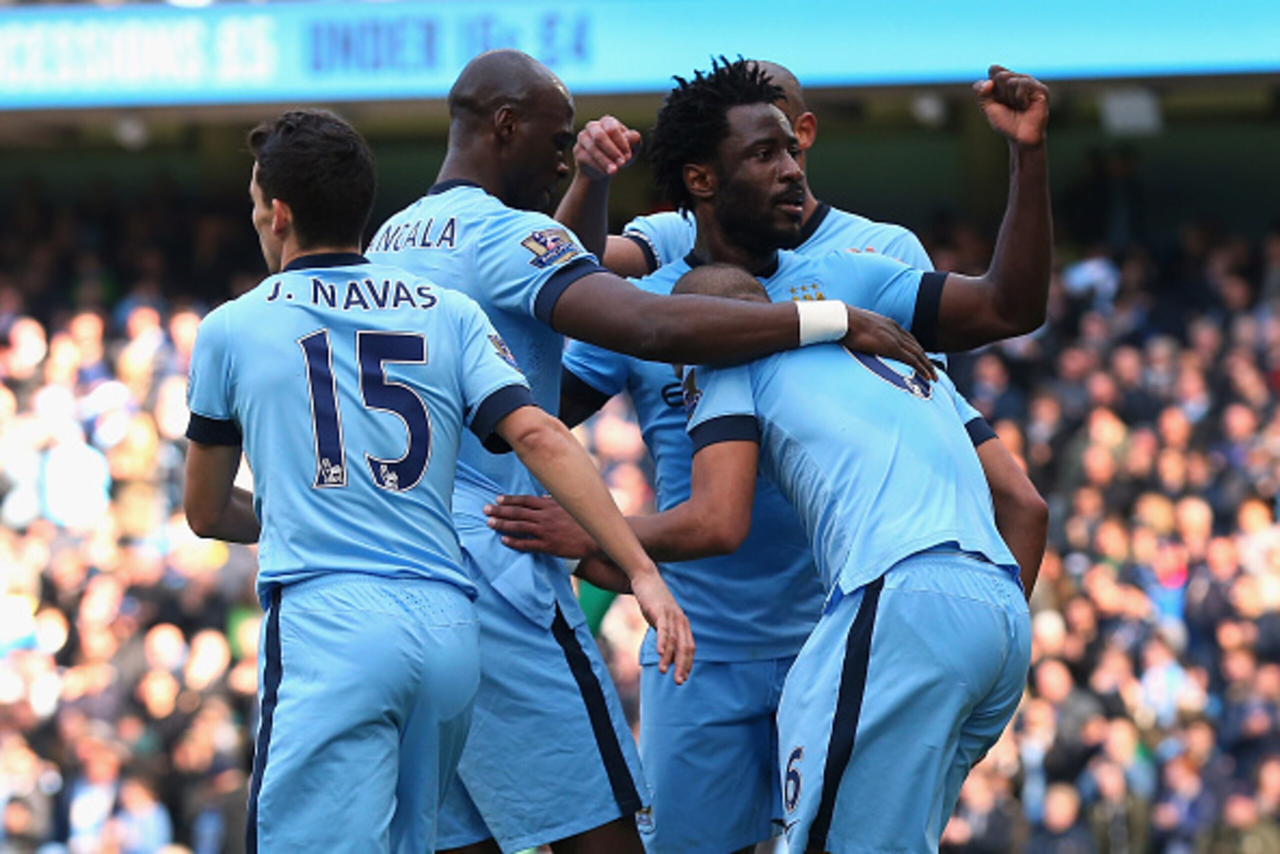 MANCHESTER, ENGLAND - MARCH 21: Wilfried Bony of Manchester City celebrates with goalscorer Fernando Reges after the second goal during the Barclays Premier League match between Manchester City and West Bromwich Albion at Etihad Stadium on March 21, 2015 MANCHESTER, ENGLAND - MARCH 21: Wilfried Bony of Manchester City celebrates with goalscorer Fernando Reges after the second goal during the Barclays Premier League match between Manchester City and West Bromwich Albion at Etihad Stadium on March 21, 2015
