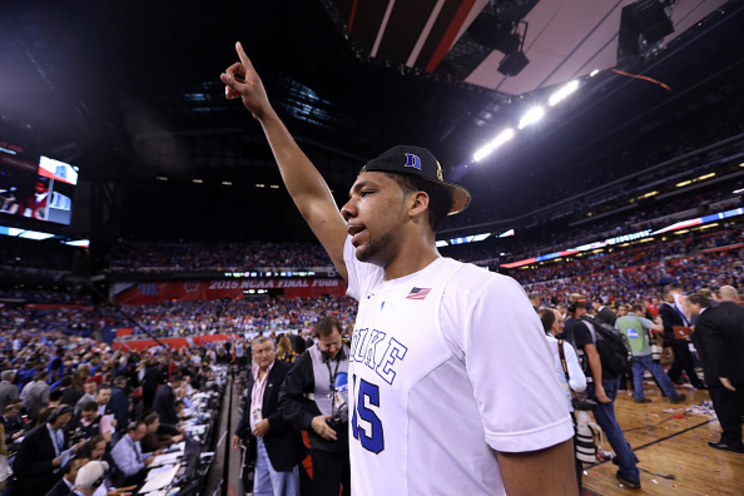 INDIANAPOLIS, IN - APRIL 06: Jahlil Okafor #15 of the Duke Blue Devils celebrates after defeating the Wisconsin Badgers during the NCAA Men's Final Four National Championship at Lucas Oil Stadium on April 6, 2015 in Indianapolis, Indiana. Duke defeated Wi
