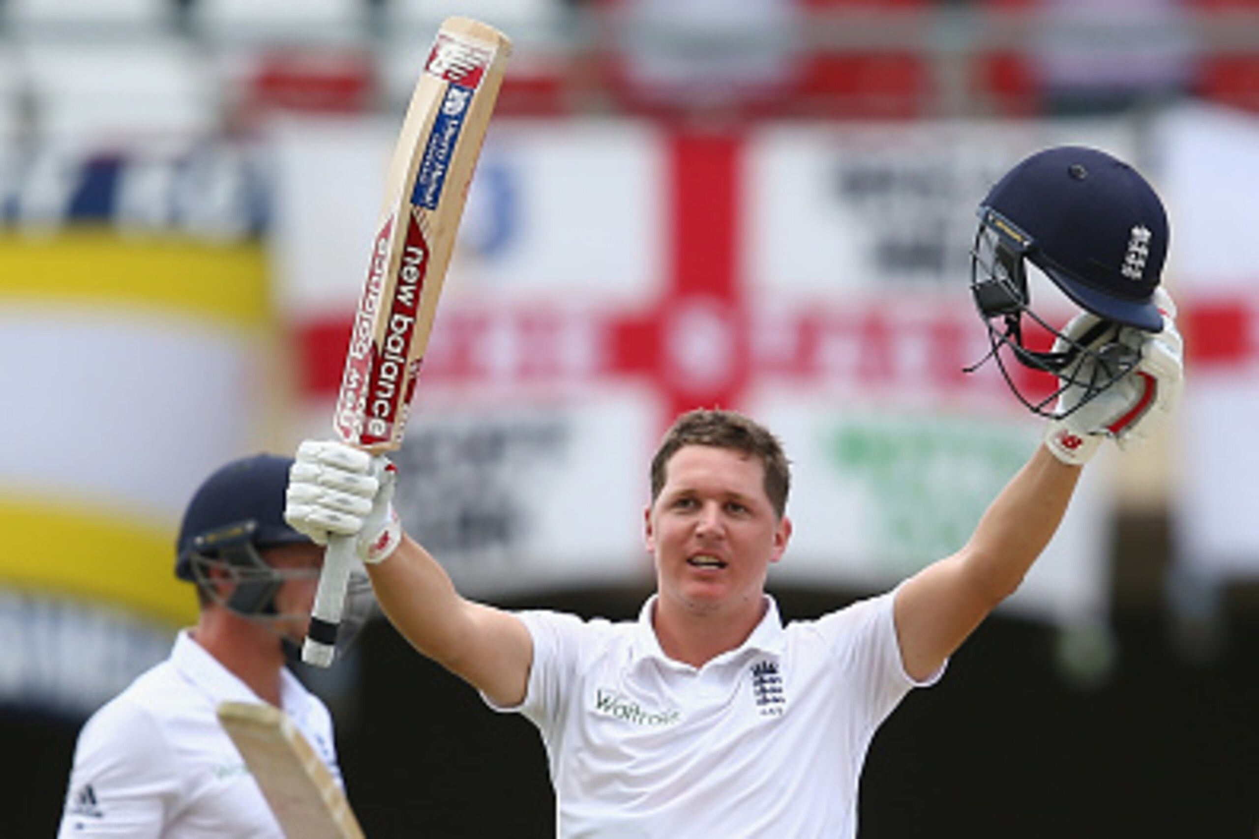 ANTIGUA, ANTIGUA AND BARBUDA - APRIL 16:  Gary Ballance celebrates reaching his century during day four of the 1st Test match between West Indies and England at the Sir Vivian Richards Stadiumon April 16, 2015 in Antigua, Antigua and Barbuda.  (Photo by M