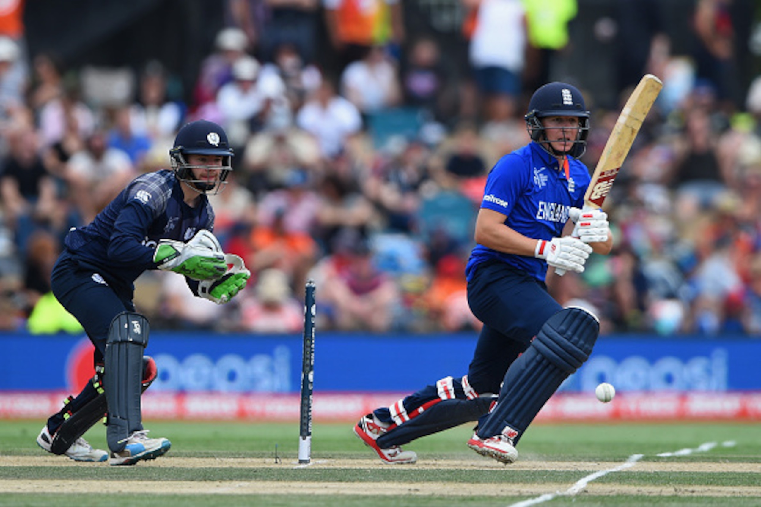 CHRISTCHURCH, NEW ZEALAND - FEBRUARY 23:  Gary Ballance of England plays a shot as Scotland wicket-keeper Matthew Cross looks on during the 2015 ICC Cricket World Cup match between England and Scotland at Hagley Oval on February 23, 2015 in Christchurch, 