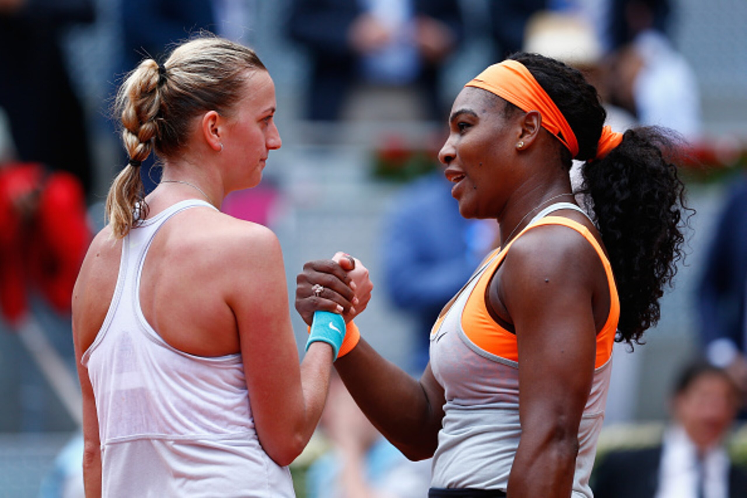 MADRID, SPAIN - MAY 08: Petra Kvitova of Czech Republic is congratulated by Serena Williams of USA after their semi final match during day seven of the Mutua Madrid Open tennis tournament at the Caja Magica on May 8, 2015 in Madrid, Spain. (Photo by Jul MADRID, SPAIN - MAY 08: Petra Kvitova of Czech Republic is congratulated by Serena Williams of USA after their semi final match during day seven of the Mutua Madrid Open tennis tournament at the Caja Magica on May 8, 2015 in Madrid, Spain. (Photo by Jul
