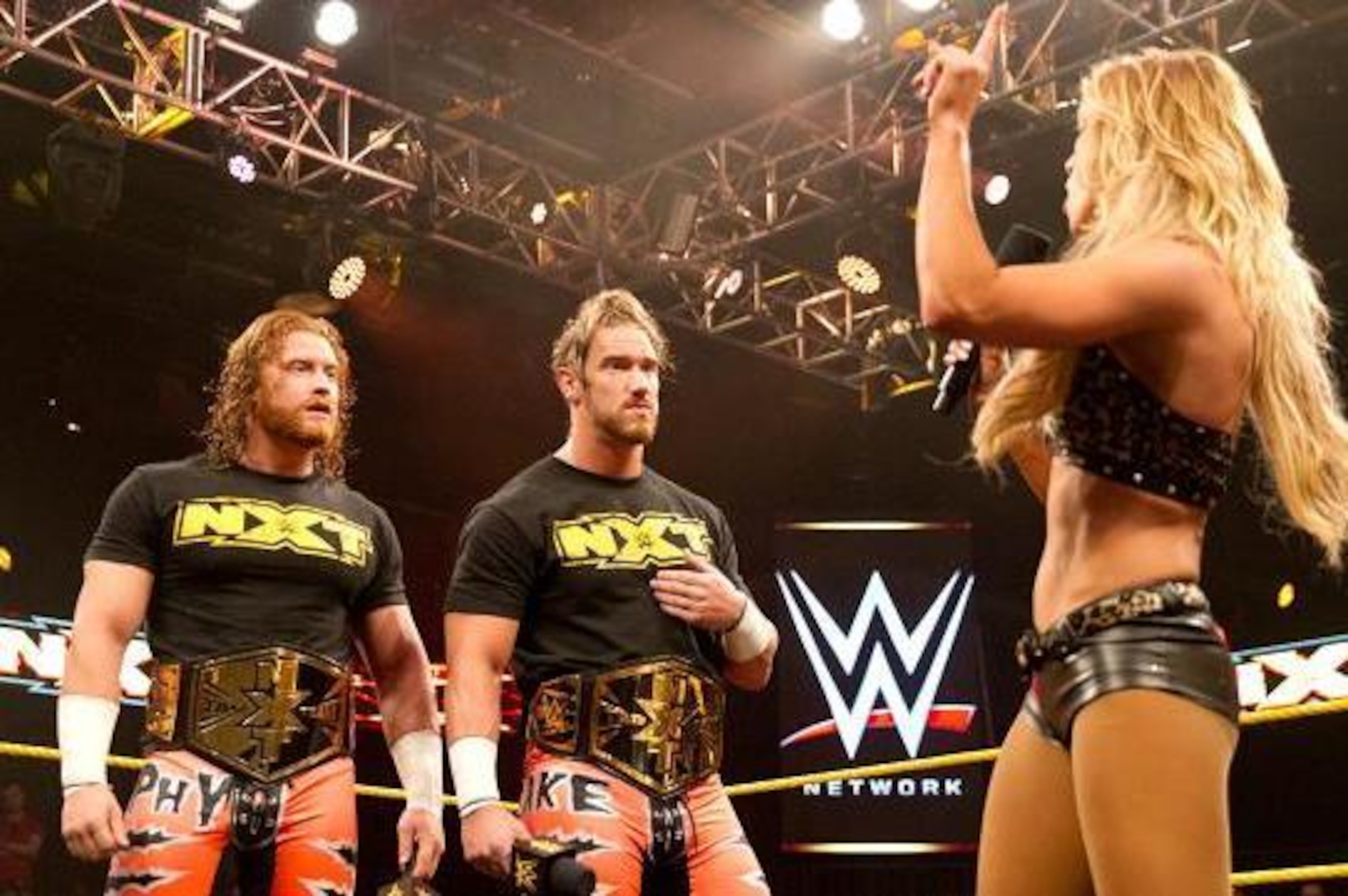 Carmella addresses Buddy Murphy and Wesley Blake.