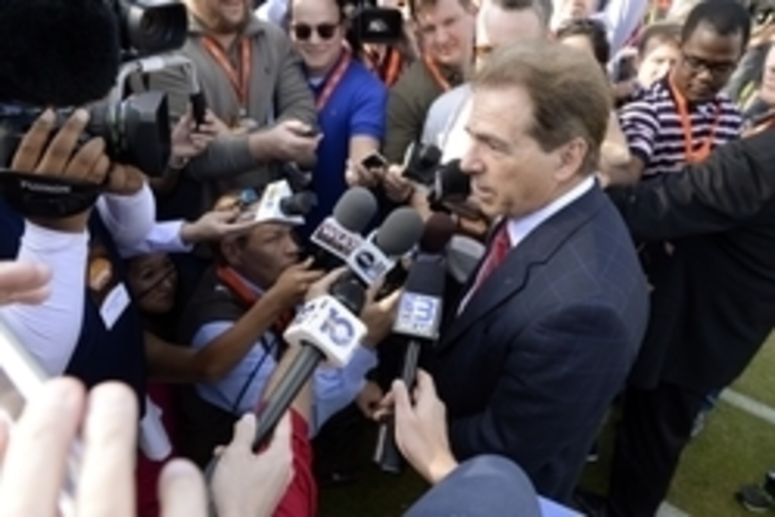 Jan 20, 2015; Fairhope, AL, USA; Alabama head coach Nick Saban addresses the media during South squad Senior Bowl practice at Fairhope Stadium. Mandatory Credit: John David Mercer-USA TODAY Sports